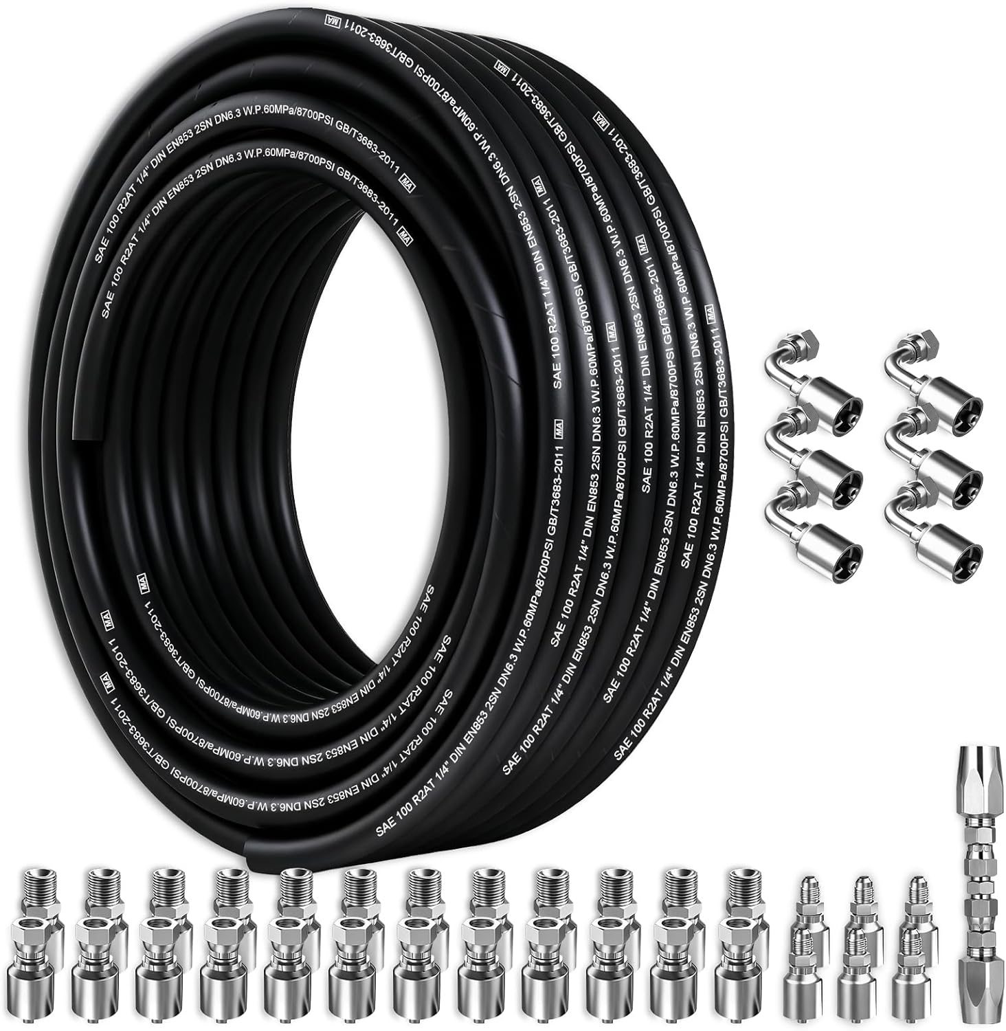 100Ft 1/4 inch Hydraulic Hose with 36Pcs Hydraulic Fittings and Hydraulic Hose Repair kit, 5800Psi Coiled Hydraulic Line With 2 High-Tensile Steel Wire Braid,Rubber Flexible Oil Hose -20°C to 140°C