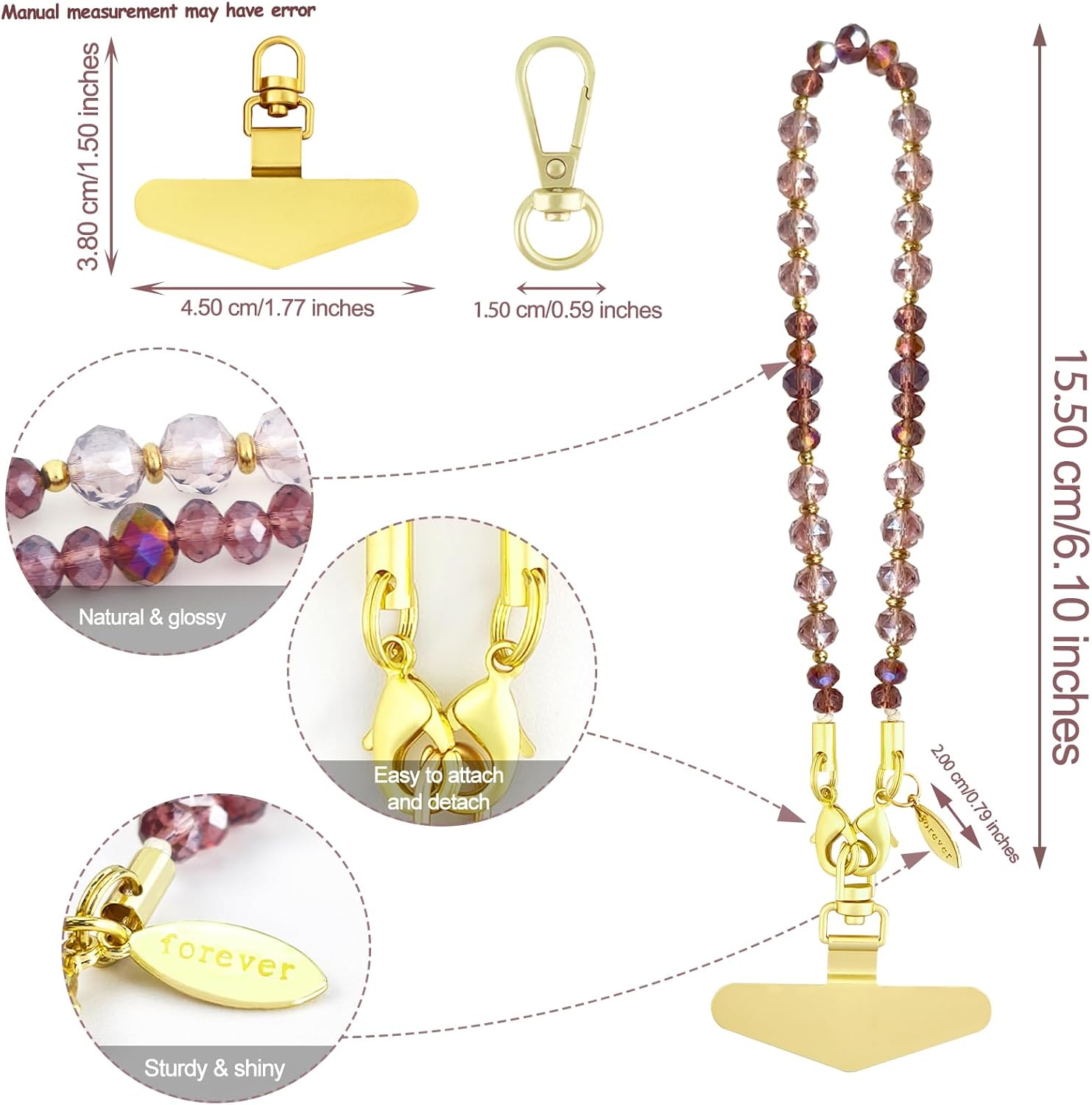 Yiflin Natural Crystal Beaded Phone Charm Strap, Handmade Phone Wrist Strap with Metal Tether Tab,Keychain Lanyard for Women - Image 2