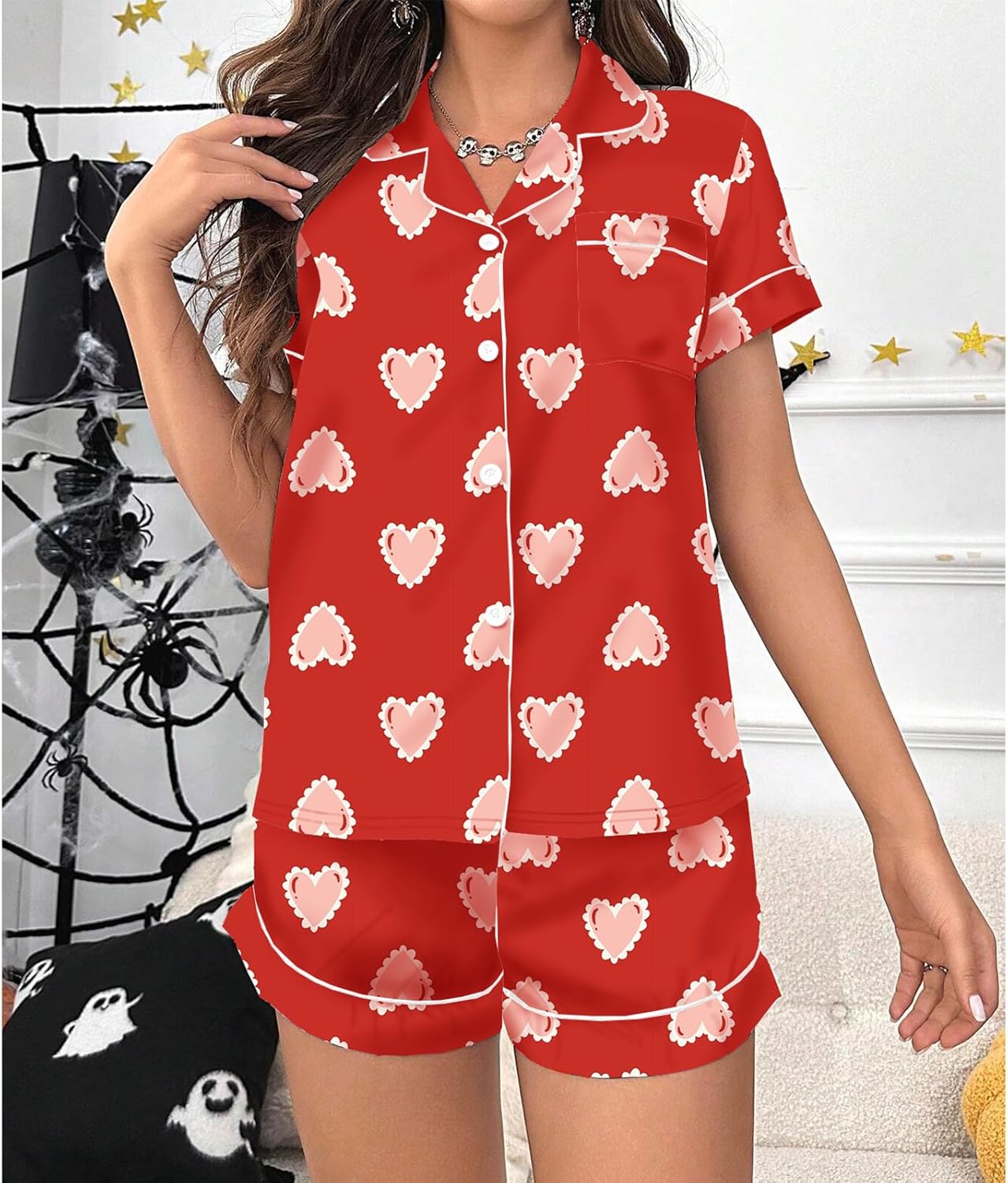 ICNGLKSND Women Satin Heart Short Pajama Set 2PCS Lounge Lingerie with Chest Pocket Button Up Nightshirt Baggy Bottom Shorts - Image 2