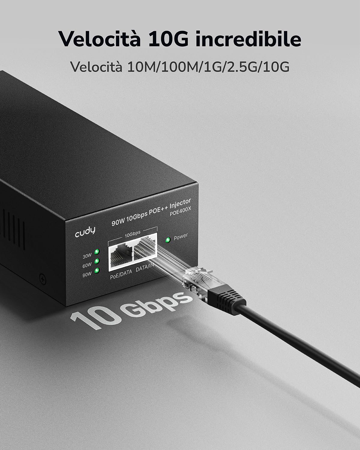 Cudy iniettore PoE++ 90W 10Gbps, 802.3bt/at/af 4-Pair, 1x10GbE In/Out, adattatore PoE Ethernet 90 m per AP WiFi 6/7, camera PTZ, controllo accessi, metallo muro, POE400X