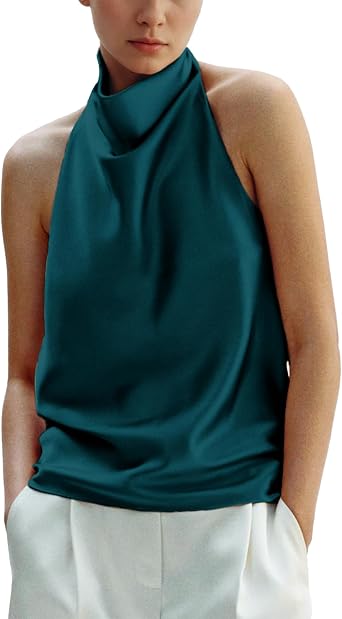 Womens Silk Satin Tank Tops Halter Draped Front Sexy Backless Womens Summer Tops Elegant Camisole Tops