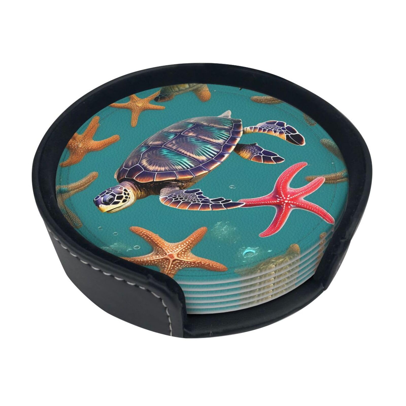 Sea Turtle Starfish Pattern Print Round Coasters Set Of 6,Coaster For Tabletop Protection Home Bar Decor
