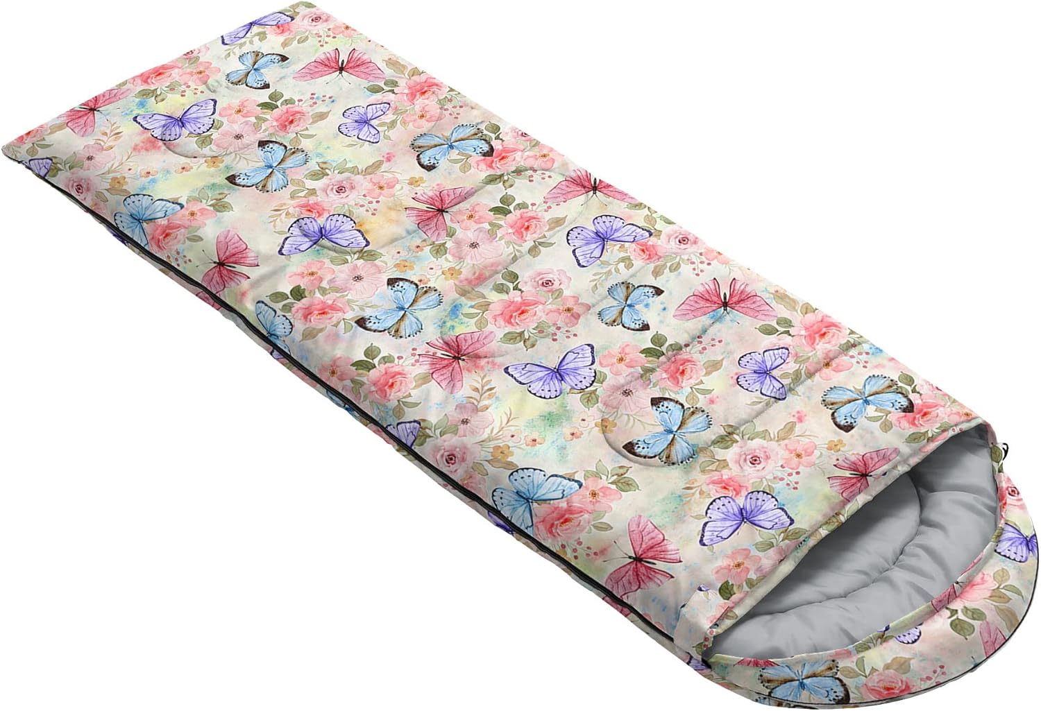 Kids Sleeping Bag for Boys Girls,Butterfly Flowers Print-Lightweight Warm Portable Outdoor Indoor-Waterproof Cold Weather Resistant Sleeping Bag for Camping Hiking(Flowers) - Image 2