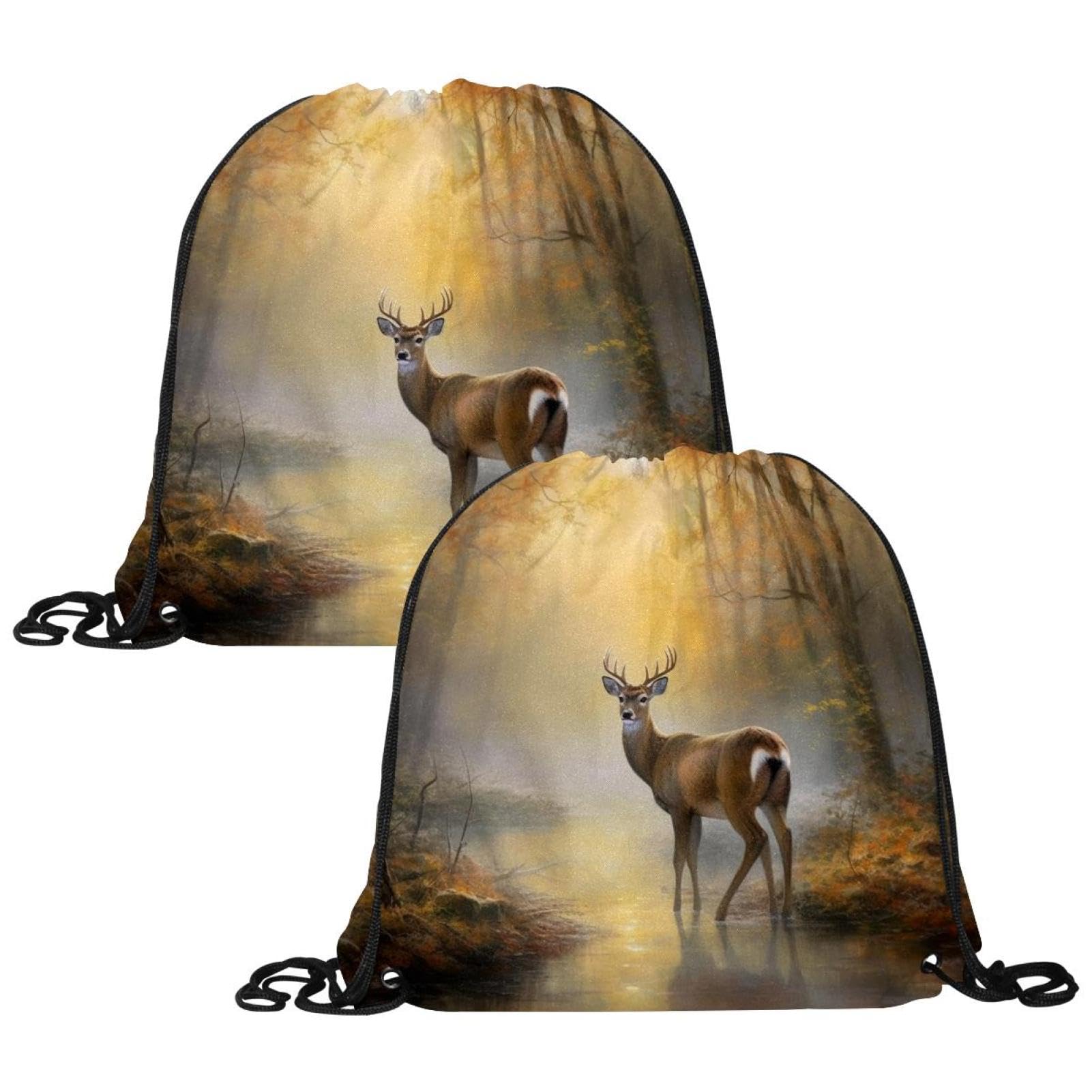 Luoweisi Unisex Kids Multicolor 14 2 Pack Drawstring Bags, Forest Tree Deer Pe Bags Drawstring Gym Bag String Swimming Sports Bag For School Sports Swimming Gym Travel, Beach