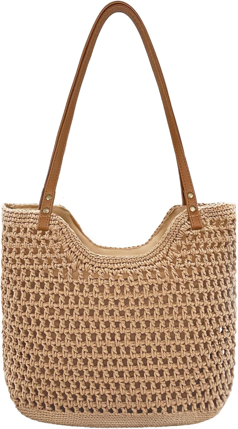 Straw Tote Bag for Women Woven Beach Bags Summer Soft Boho Vacation Shoulder Bag with Zipper