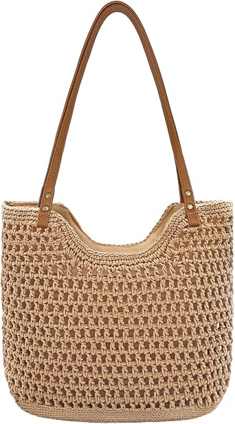 Straw Tote Bag for Women Woven Beach Bags Summer Soft Boho Vacation Shoulder Bag with Zipper