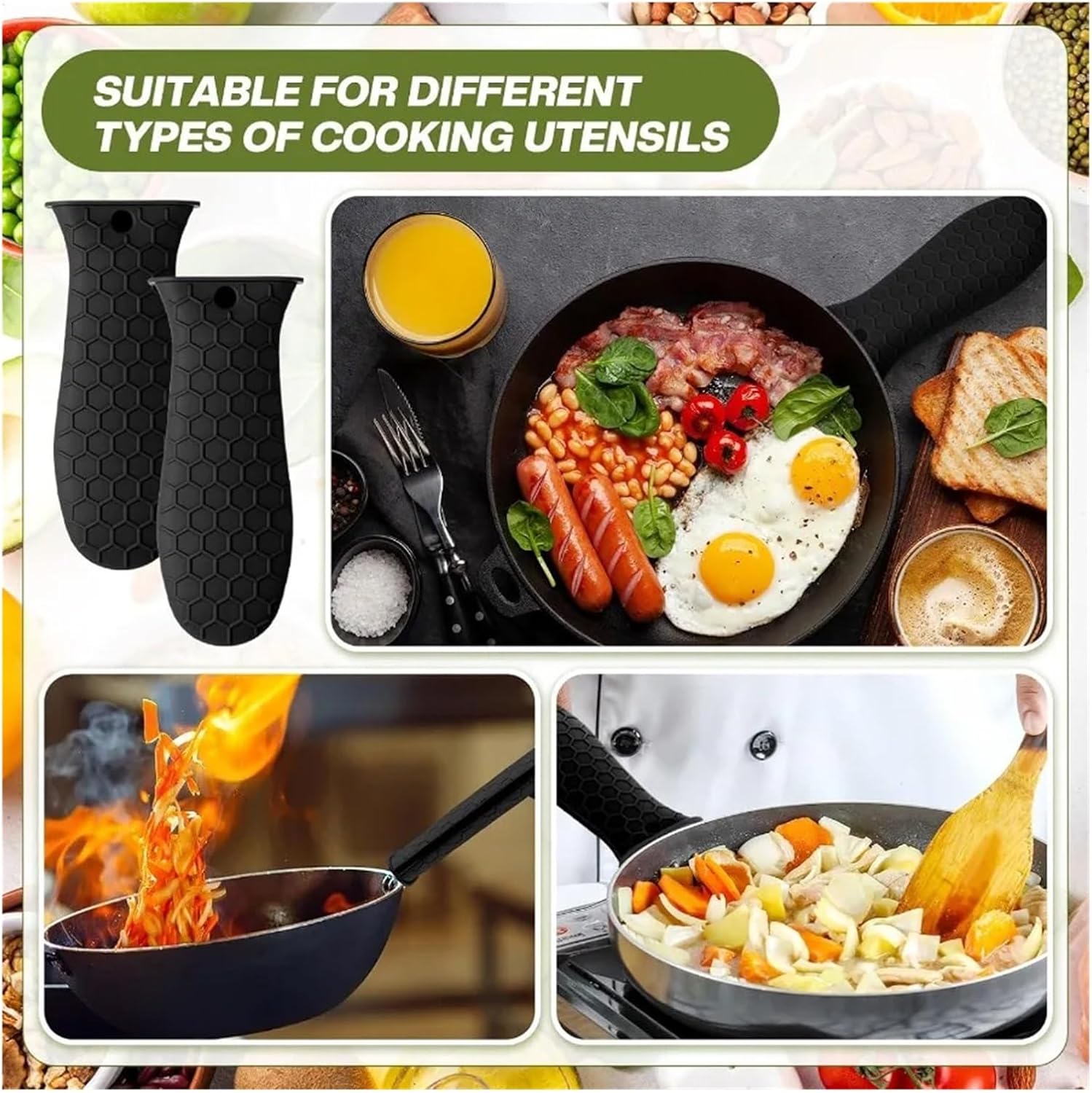 Silicone Cast Iron Handle Cover 2pcs Silicone Handle Cover for Cast Iron Illet En Handles for Pots and Pans Non-Slip Pot Holder Sleeve for Fry Pan Gri