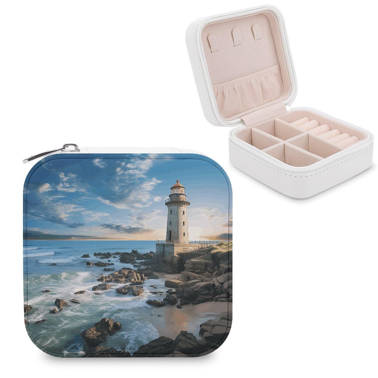 VstaDank Beach Lighthouse Jewelry Box for Women Custom Travel Jewelry Case Personalized Travel Jewelry Boxes Small Portable Jewelry Organizer Box for Rings Necklaces Bracelets Earring