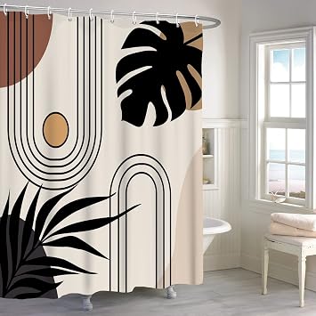 Boho Shower Curtain, Mid Century Morden Monstera Leaves Bathroom Curtain, Abstract Minimalist Tropical Black Leaves Plant Bohemian Shower Curtain Set with 10 Hooks for Bathroom, 60Wx72L