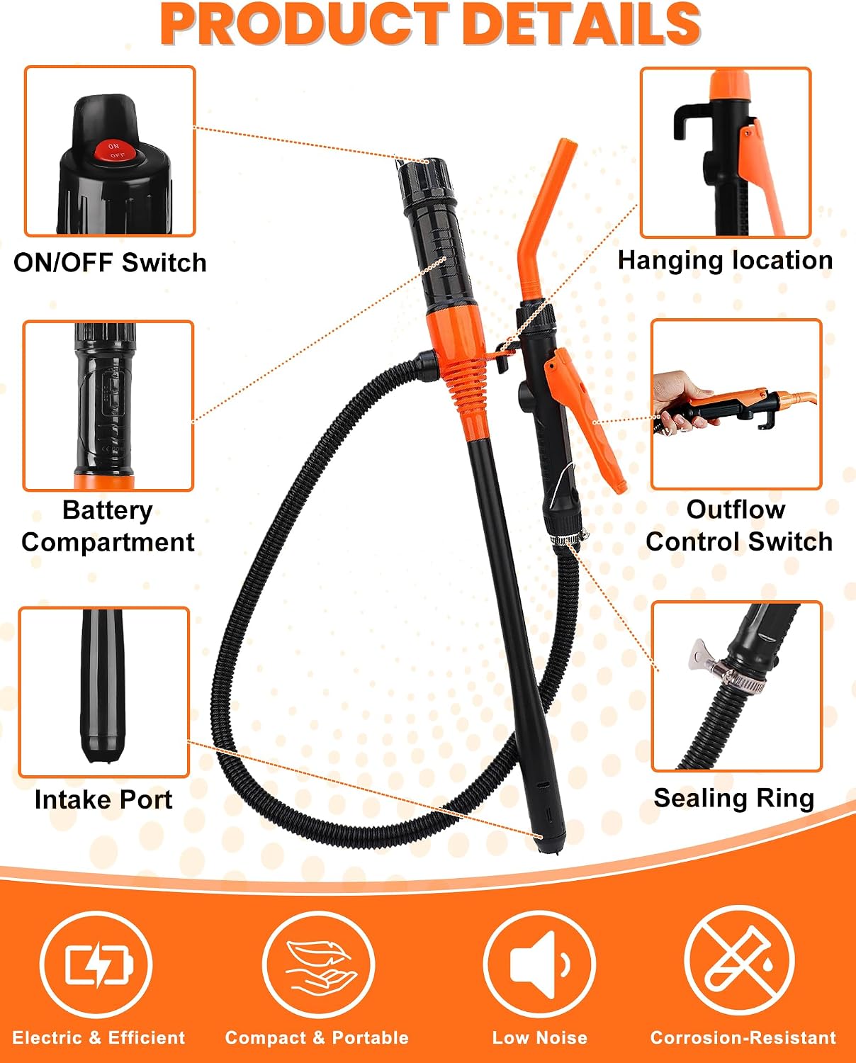 2.8 GPM Portable Fuel Transfer Pump,Powered Fuel Transfer Pumps,Multi-Use Siphon Pump for Petrol, Diesel & Water, with Powerful Suction Ergonomic Nozzle 39 Inches Hose & Glove