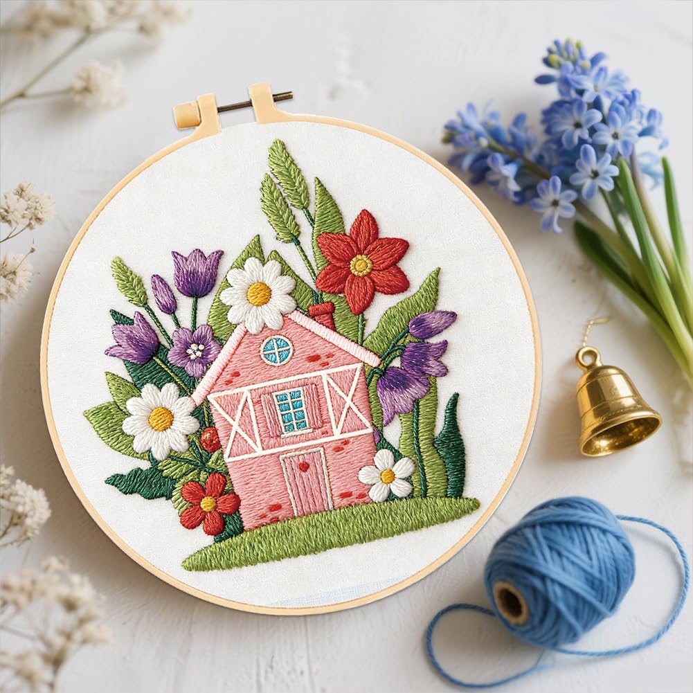 FREEBLOSS Stickset Für Erwachsene Anfänger Blumenhaus Motiv Vorgestanzte Stickvorlagen Stickstarter Set Mit Anleitung Kreuzstich Sets Für Frauen DIY Bastelgeschenk 4 Zoll