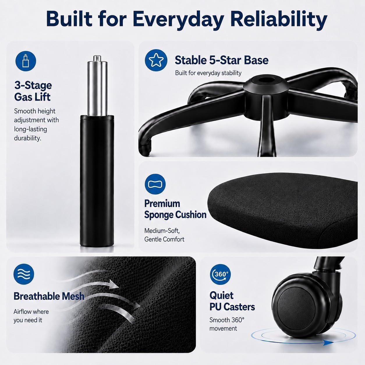 Ergonomic Office Chair for Long Hours, Adjustable Padded Lumbar Support for Lower Back Relief, 330 lb Capacity, Comfortable Computer Desk Chair for Home Office, Work & Study