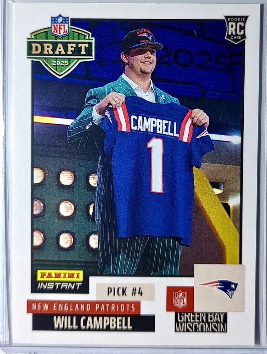 2025 Panini Instant Will Campbell RC #NFLDN-4 - ‘25 NFL Draft Night -Pick #4-Patriots Rookie Football Trading Card- New England - Each Card Stamped 1 of 963 on back. Shipped in Protective Screwdown Holder!