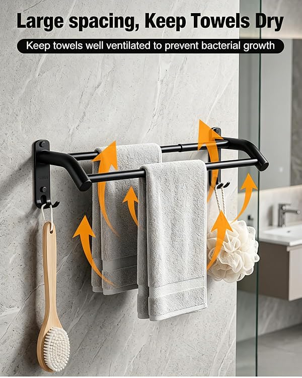 304 Stainless Steel Adjustable Dual - Bar Towel Rack (16.5-27.1" Adjustable), 2 Heavy - Duty Hooks, Waterproof & Moisture - Proof, Drill/Drill - Free Mount, Ideal Towel Holder for Bathroom. (Black) by MEKENSO - Image 6