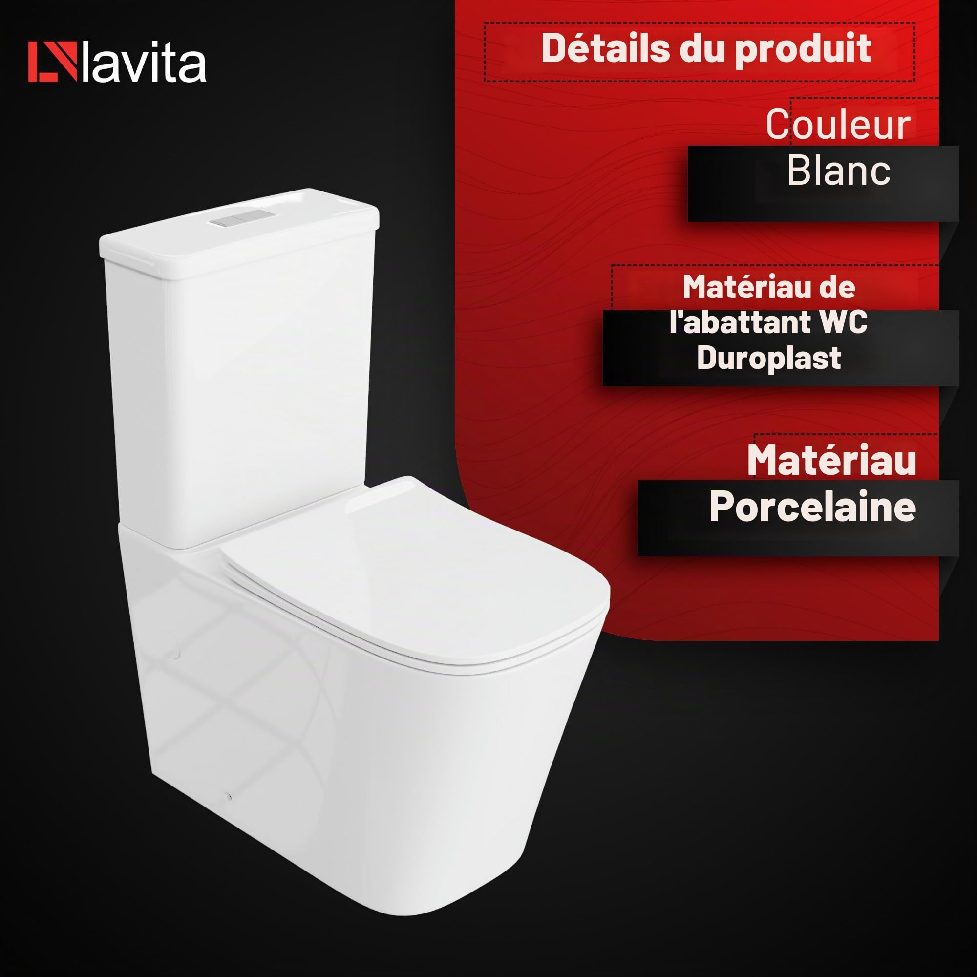 LAVITA TRYTON WC Monobloc Blanc Avec Réservoir De Chasse Intégré, Couvercle à Abaissement Automatique, Céramique Sans Bord, Cuvette Debout
