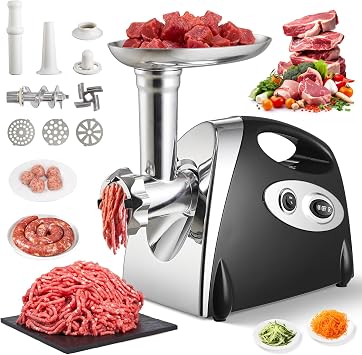Warmiehomy Meat Grinder Electric, 2800W Meat Mincer with 3 Stainless Steel Grinding Plates, Food Mincer Machine, Household Sausage Meat Patty Maker, Reverse Function, Plastic HousingBlack