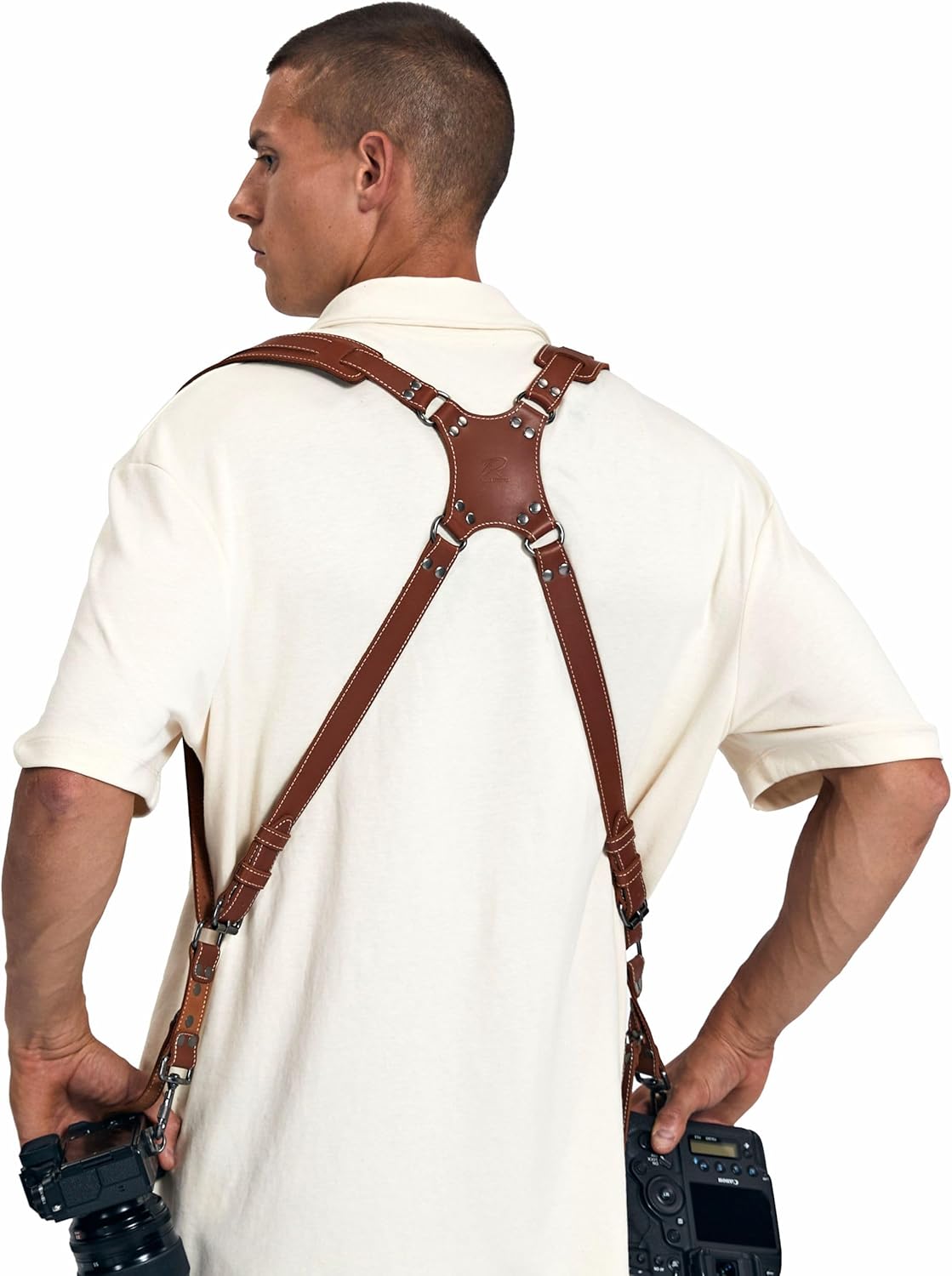 Padwa Lifestyle Tan Dual Camera Harness Strap for Two-Cameras - Dual Shoulder Full Grain Leather Harness,Multi Double Camera Gear for DSLR/SLR Strap,Double Camera Harness for Photographers