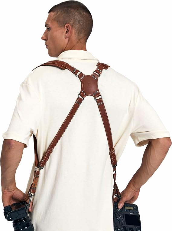 Padwa Lifestyle Tan Dual Camera Strap for Two Cameras Full Grain Leather Double Shoulder Strap Multi-Dual Camera Equipment for DSLR/SLR Strap Dual Camera Strap for Photographers