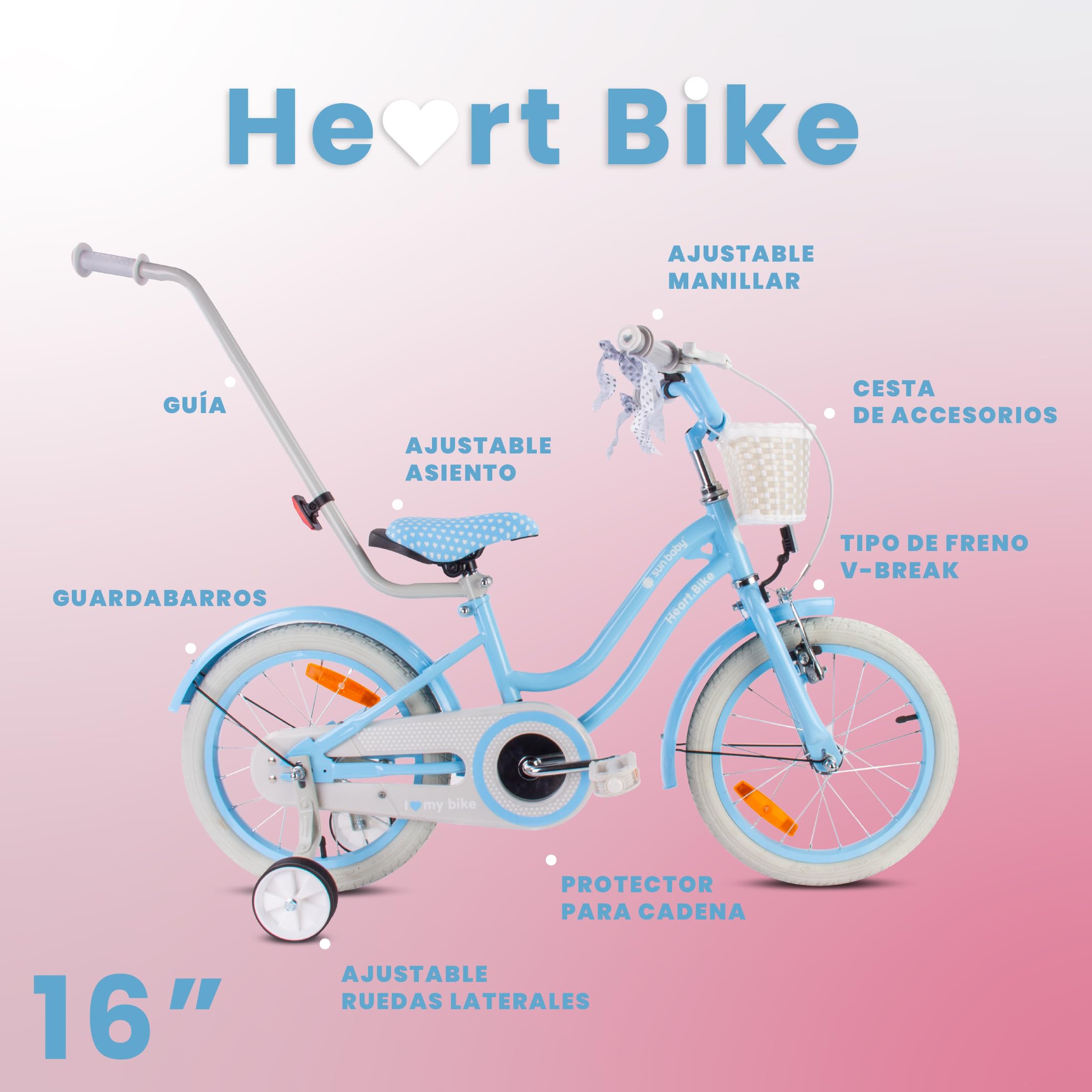 sun baby Bicicleta para niñas Heart Bike, tamaño de Rueda 12 14 16 Pulgadas, con Barra de Empuje Desmontable, Bicicleta Infantil para niñas de 2 a 6 años — view 5