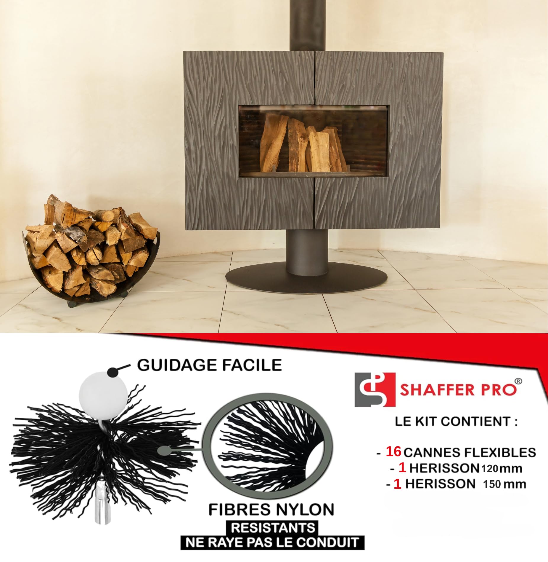 Kaminreinigungsset für Holz/Pellet, 9 m – Igel Schornsteinfeger ⌀ 120 mm/150 mm Easyflex – 16 flexible Schornsteinrohren