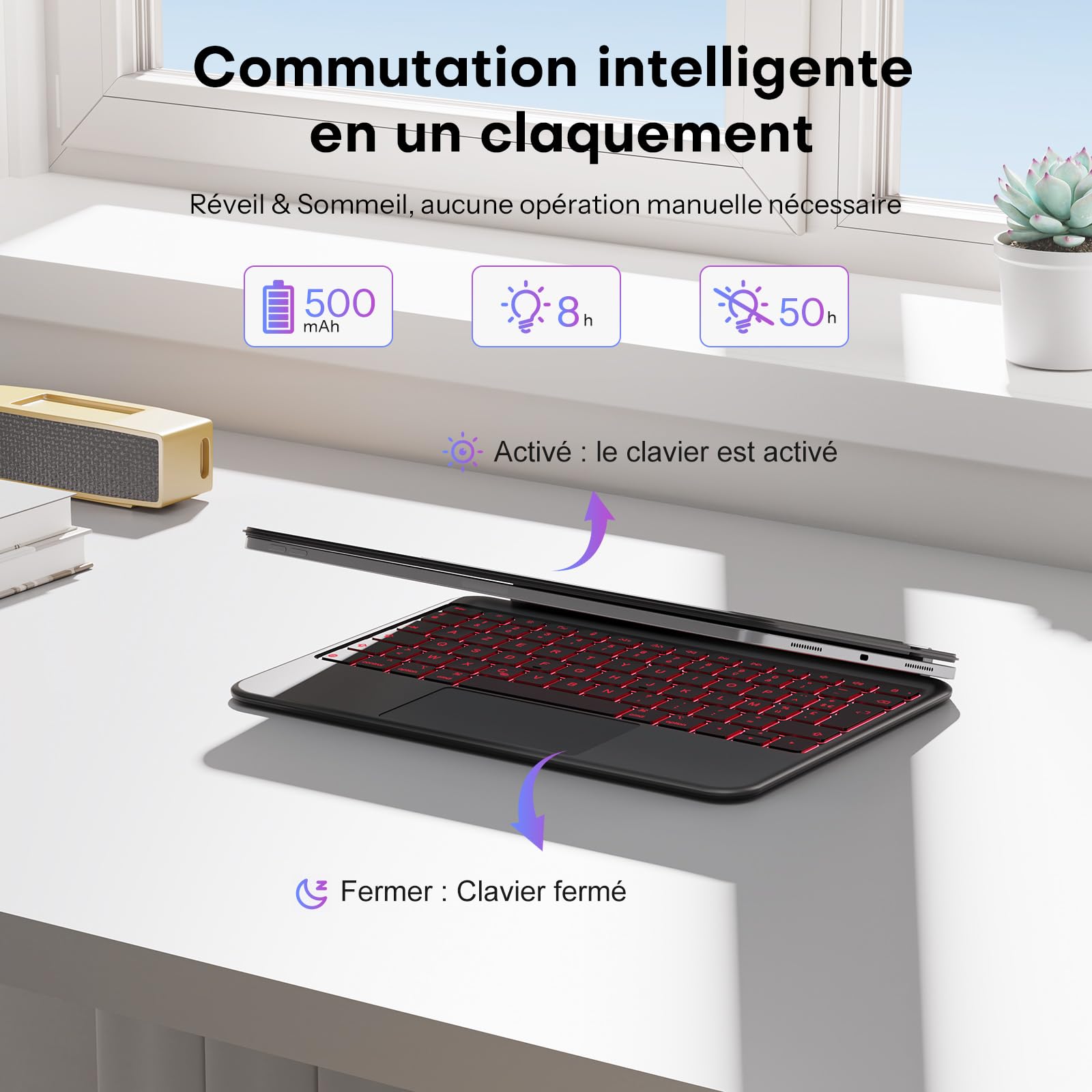 OMOTON - Funda con teclado para iPad Air 11 (M3/M2, 2025/2024)/Air 5/4 con Trackpad, Magic Keyboard para iPad Pro de 11" (4/3/2/1 Gen) francés AZERTY ISO-FR, 7 colores retroiluminados, portátil, negro