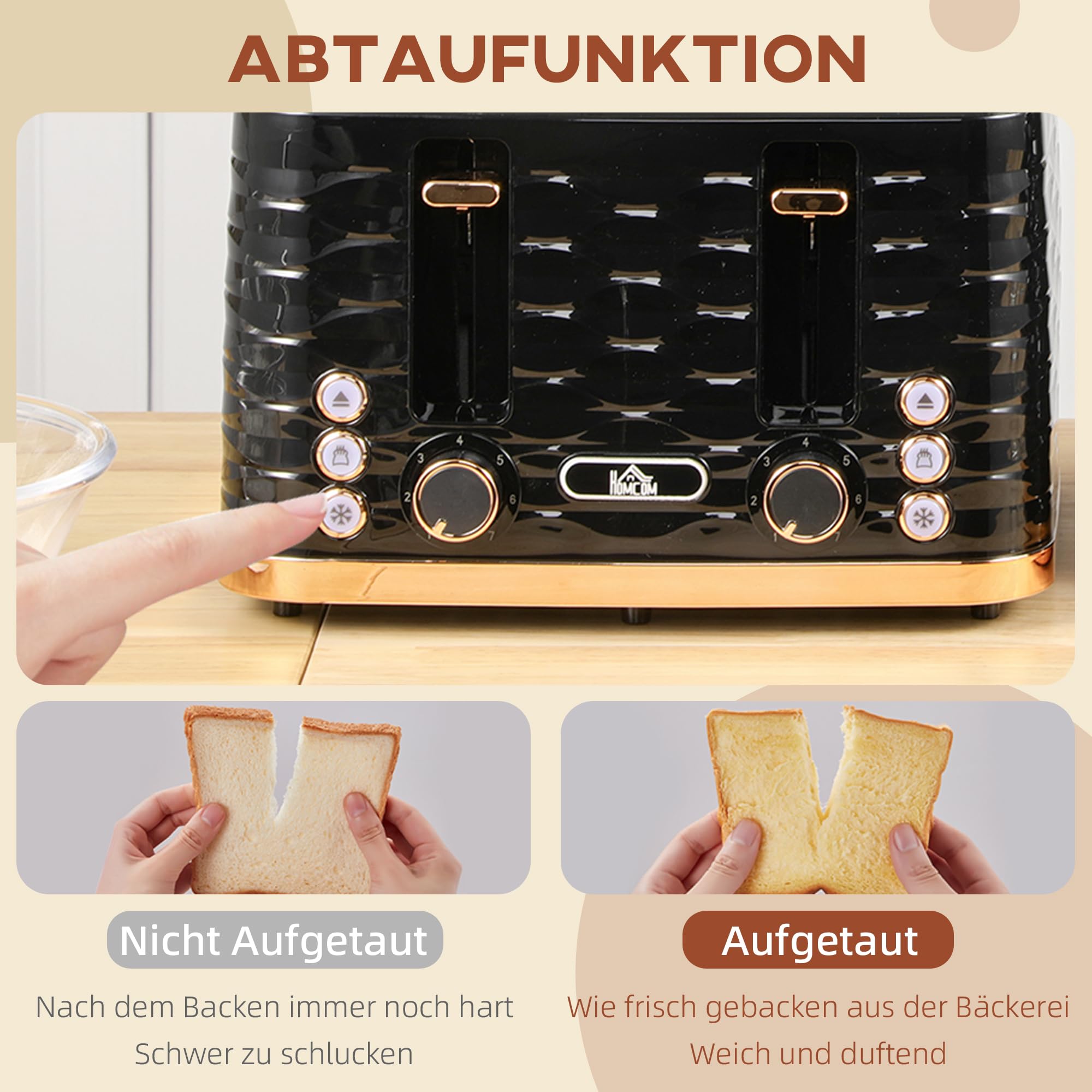 HOMCOM Tostadora 4 rebanadas con rejilla para pan, 7 niveles, función descongelar, función elevadora, bandeja recogemigas 1860 W Negro