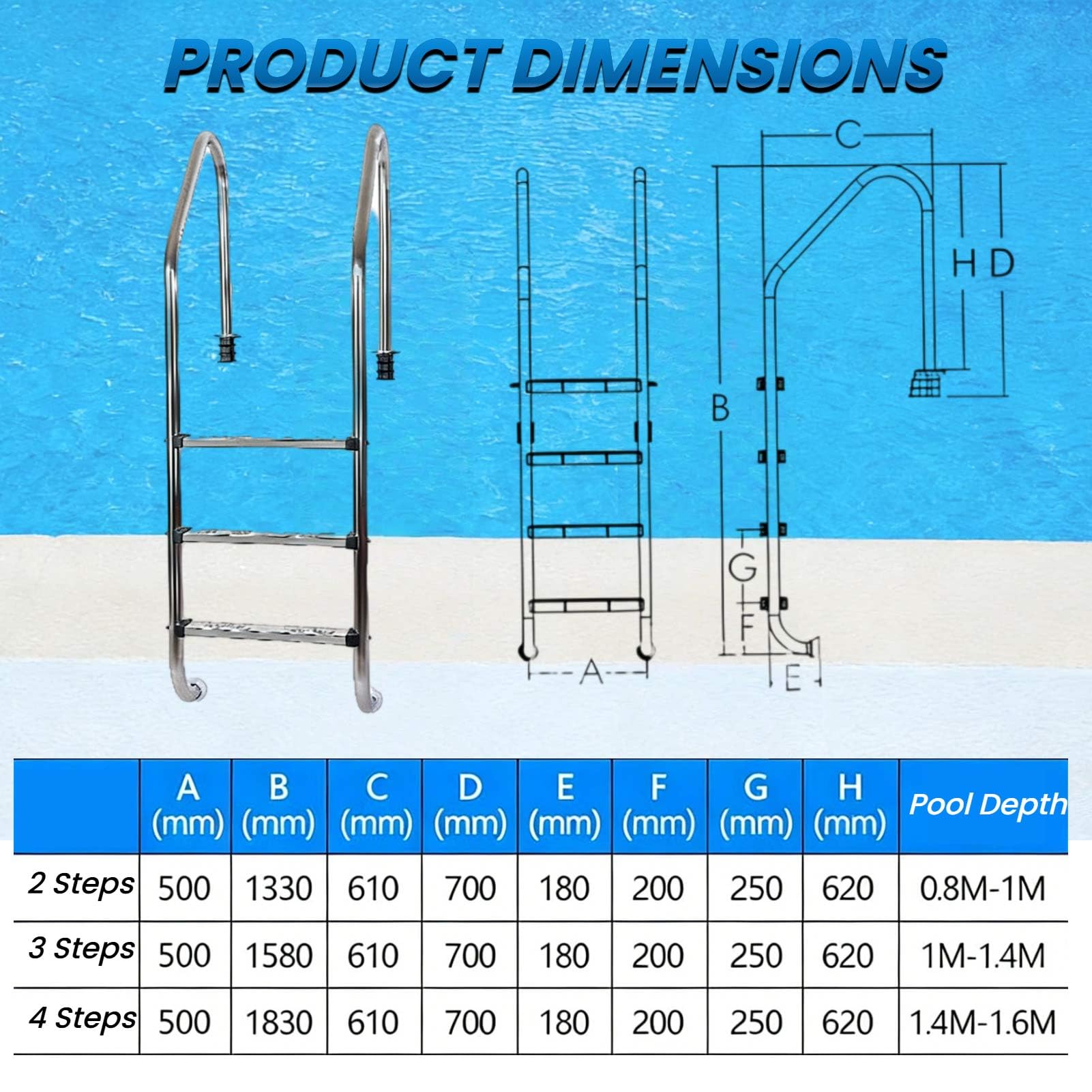 Scala per Piscina in Acciaio Inox Resistente con gradini Antiscivolo, Facile da installare per Piscine interrate, per Uso Interno/Esterno, 2 gradini