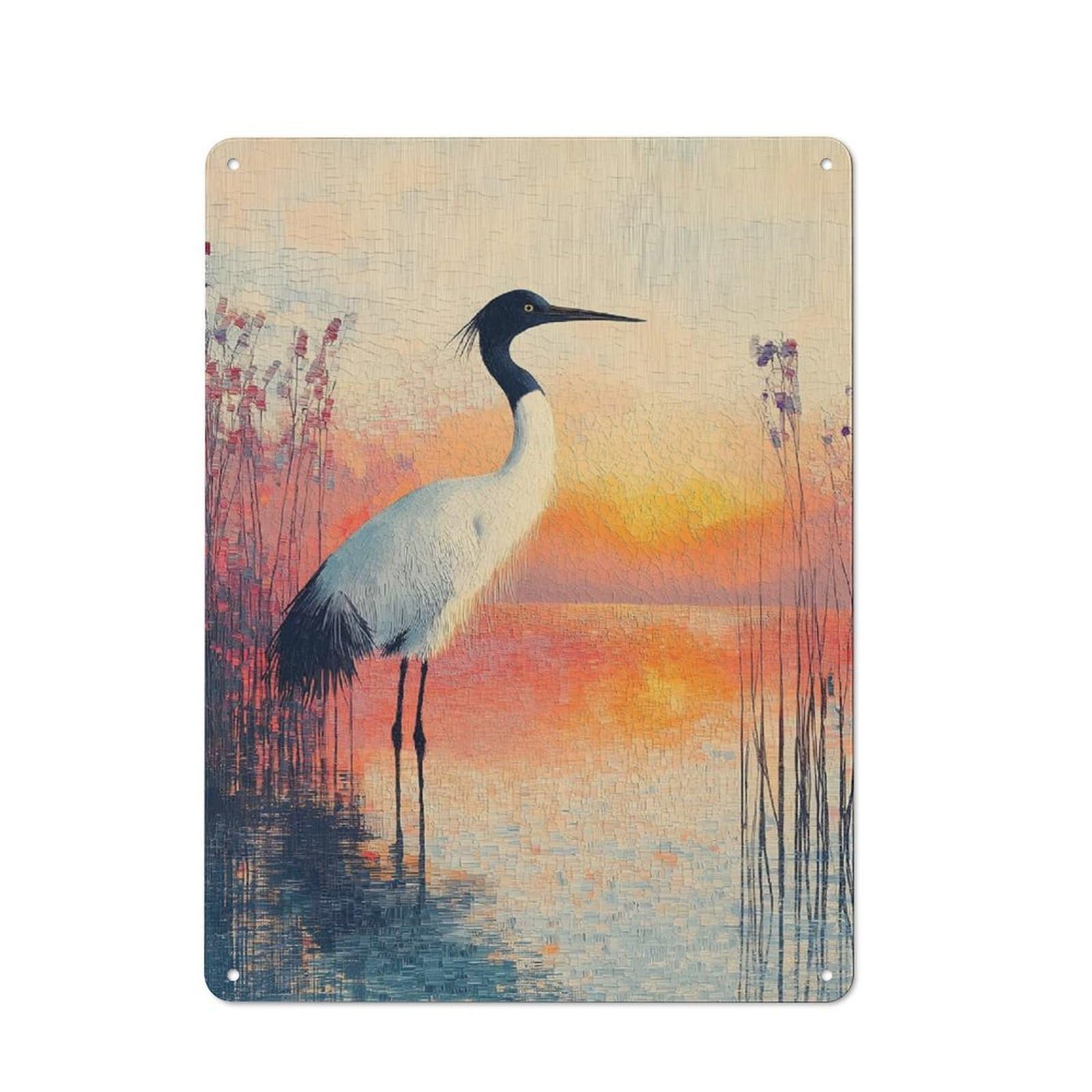 Country Style Crane by The Water at Sunset Decorative Metal Sign 40x30cm, Bistro Wall Plaque for Restaurant, Kitchen, Counter Or Breakfast Nook