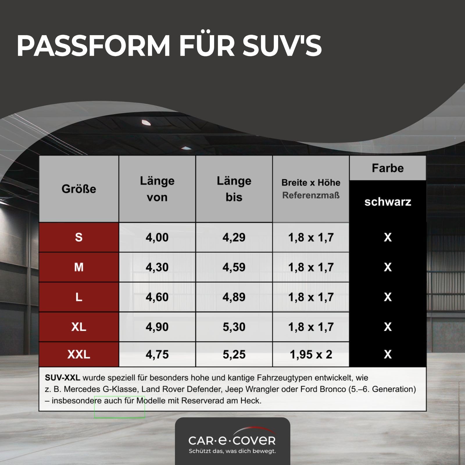 Autoabdeckung SUV Indoor Premium elastisch - Auto Abdeckplane atmungsaktiv - Ganzgarage Staubschutz & Kratzschutz - 180 g/m² Perfect Stretch von Car-e-Cover (Schwarz, SUV-XXL: Hohe kantige SUV's)