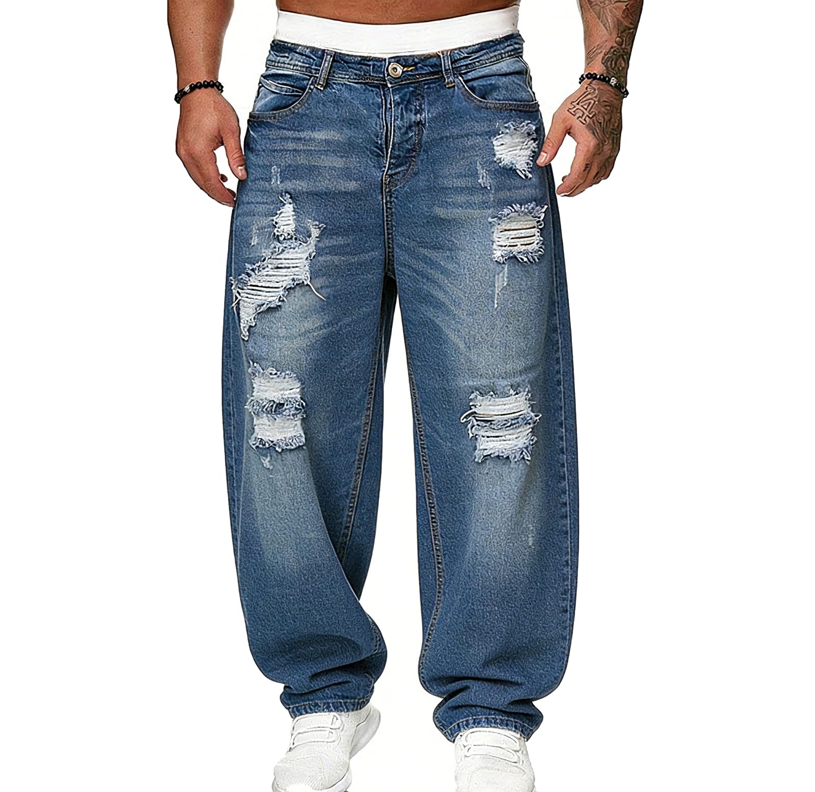 Men's Distressed Baggy Jeans Blue Denim Ripped Wide Leg Relaxed Fit Pants Y2k Emo Gothic Harajuku Streetwear