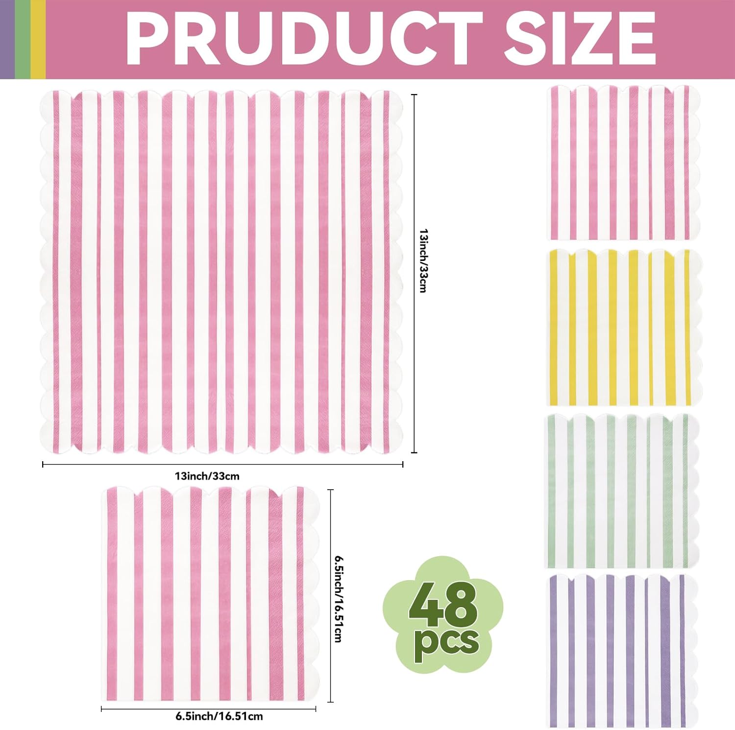 48pcs Striped Pastel Napkins-6.5x6.5IN Scalloped Easter Paper Napkins Cocktail Beverage Ice Cream Party Napkin Disposable Colorful Napkin for Easter Party Pastel Baby Shower Birthday Decor
