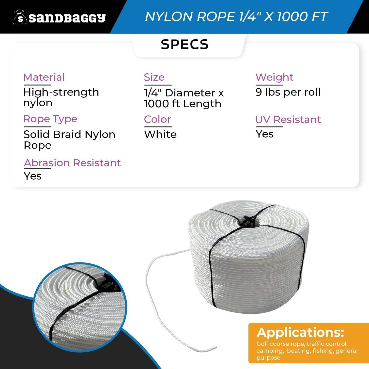 Solid Braid Nylon Rope 1/4" x 1000 ft White | Golf Course Rope & Outdoor Use (1/4" x1000ft, 1, Count)