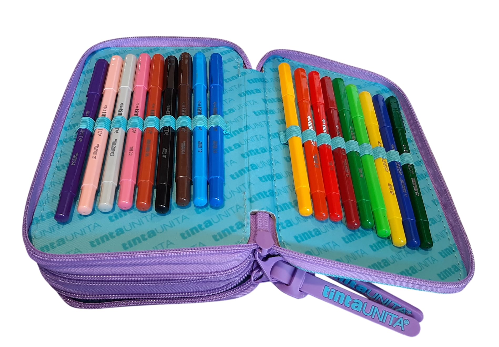 PRESTIGE & DELUXE Estuche completo de color liso Pool Over 3 cremalleras Gradient azul violeta completo de papelería + estuche sobre cremallera para escuela niña niña + llavero y bolígrafo de color