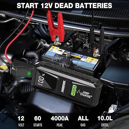 Miniatura 2 de Arrancador de coche, batería de arranque de pico de 4000 A con puerto de carga rápida de 60 W (hasta todo el motor de gas y diésel de 10 L), caja de