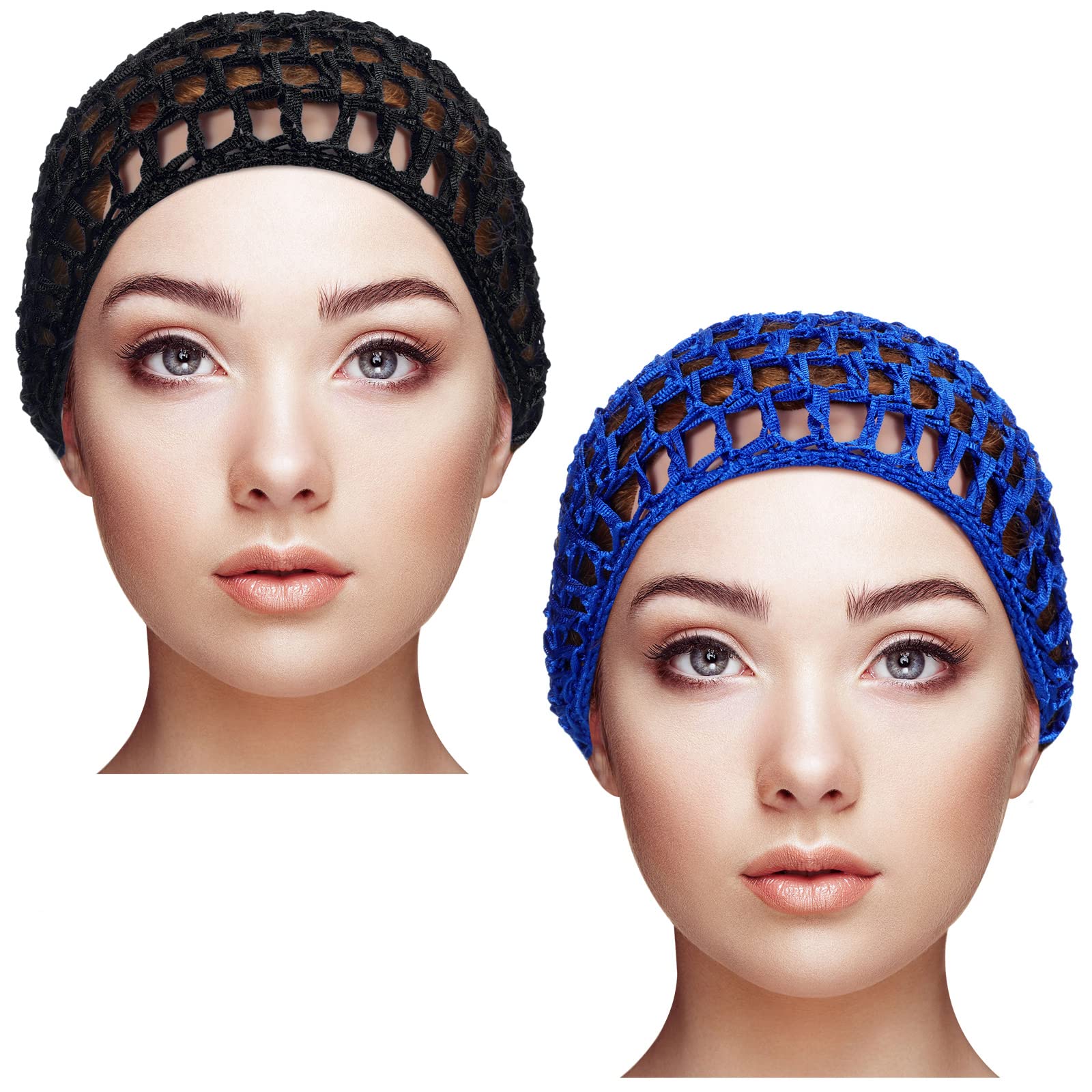 Geyoga 2 Pieces Mesh Crochet Hair Net Rayon Knit Snood Hat Cover Crocheted Sleep Cap for Women (Black, Blue)