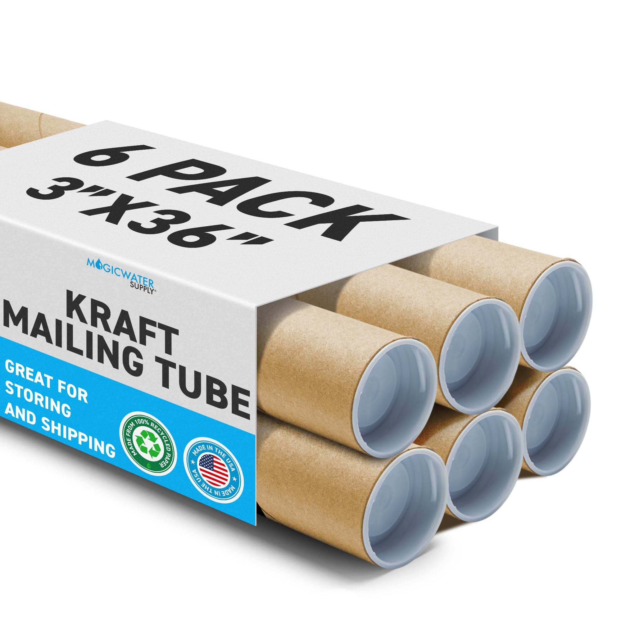 MagicWater Mailing Tubes 3x36 Inch - 6 Pack Kraft Cardboard Poster Tubes With End Caps