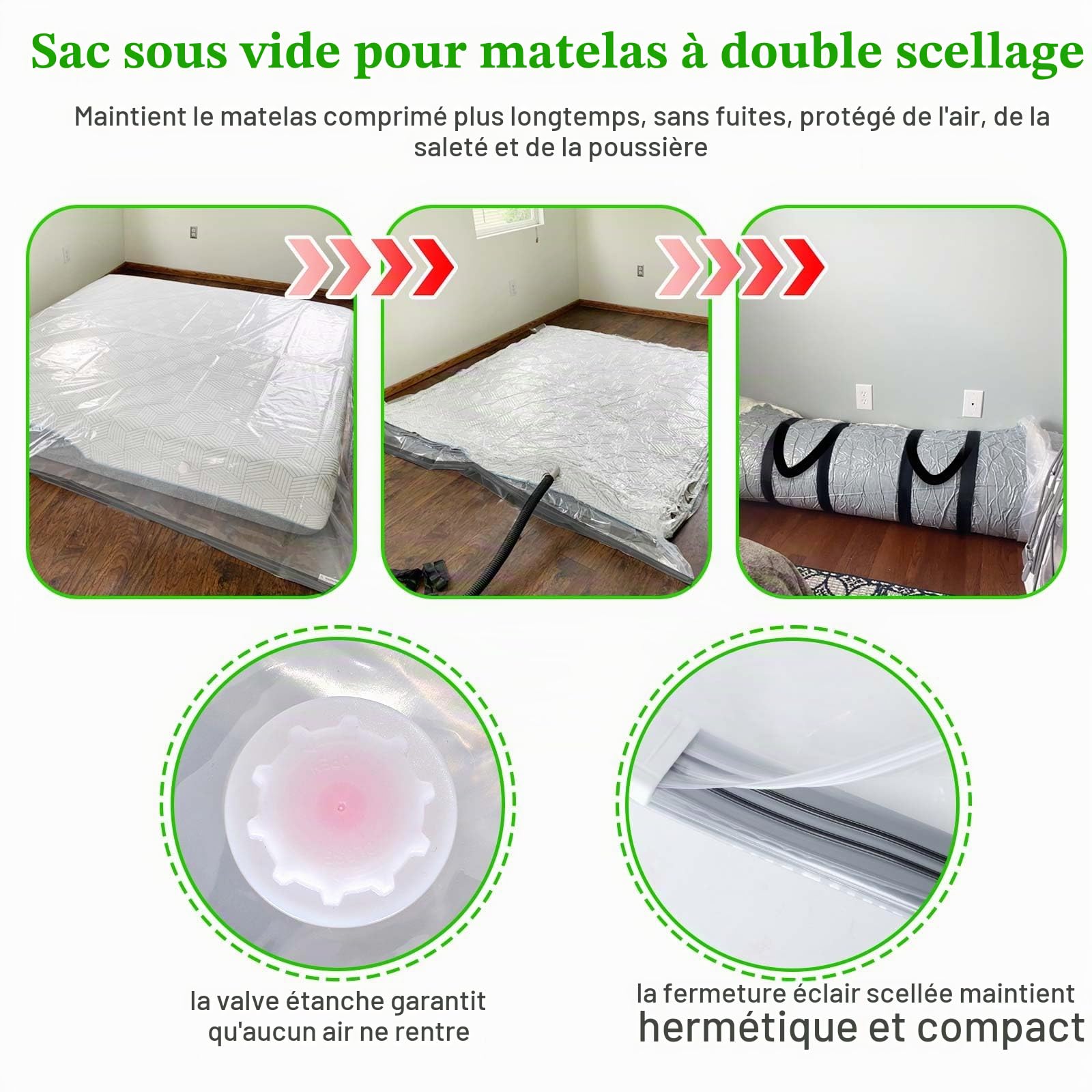 Sac de rangement sous vide pour matelas King size/Califonia King - Étanche - Double fermeture éclair - Sacs de rangement sous vide - Économie d'espace pour matelas en mousse à mémoire de forme et
