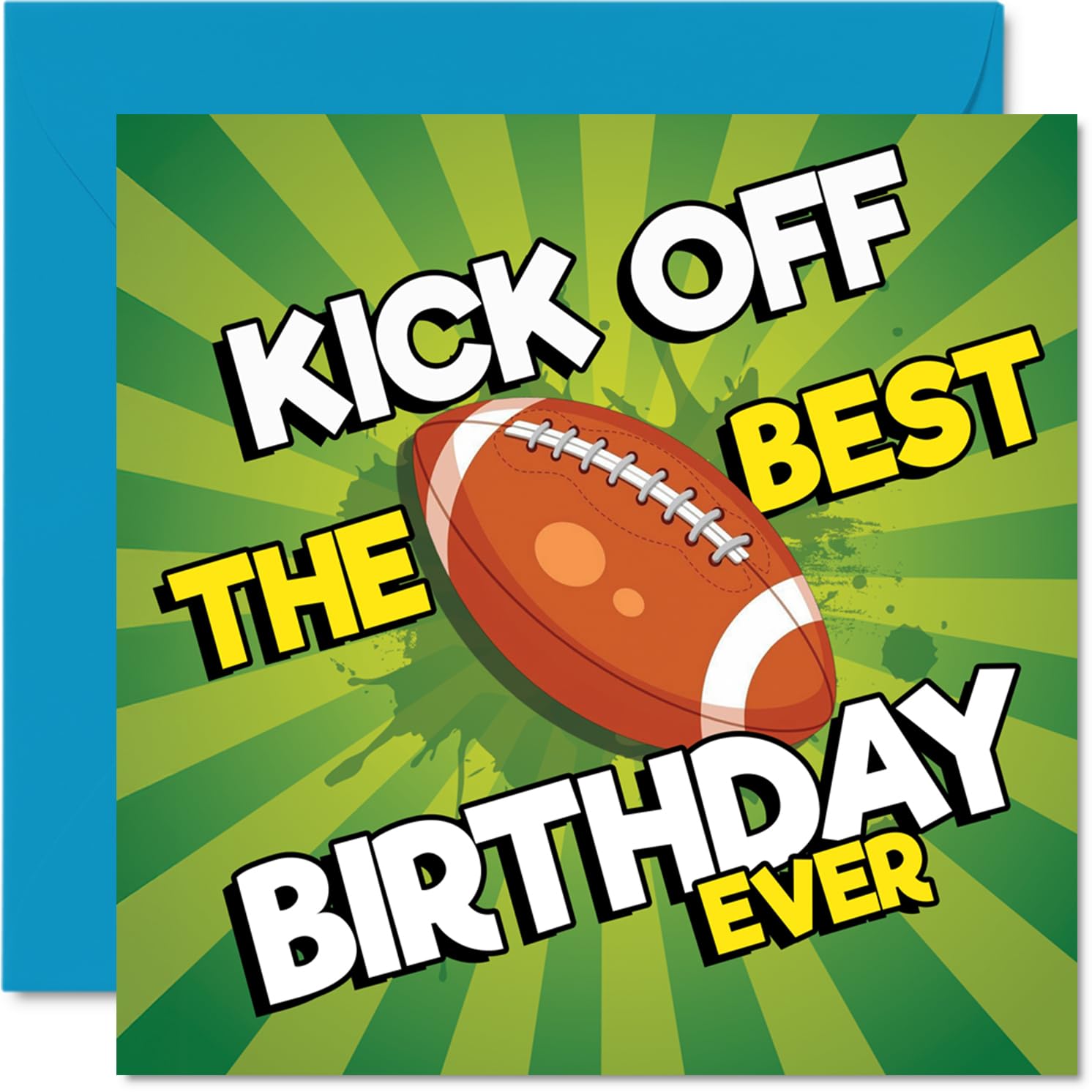 Playful Birthday Card - Kick off a Brilliant Birthday - Vibrant Football Design with Bold Celebratory Text - 145mm Square, Envelope Included