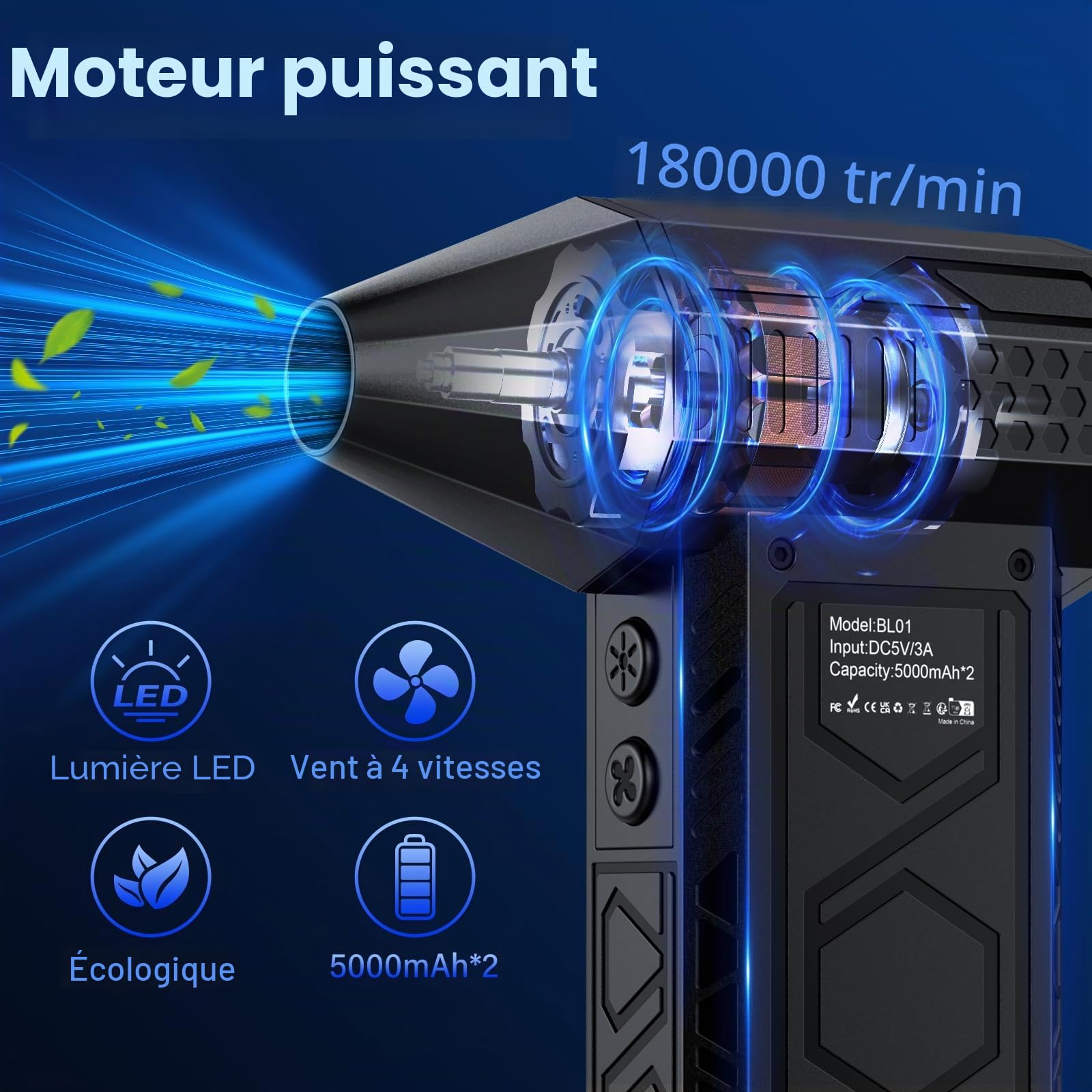 Dépoussiéreur électrique avec lampe de poche, ventilateur turbo à air comprimé 180 000 tr/min (10 000 mAh), ventilateur à jet multifonction, souffleur d'air électrique avec éclairage assisté