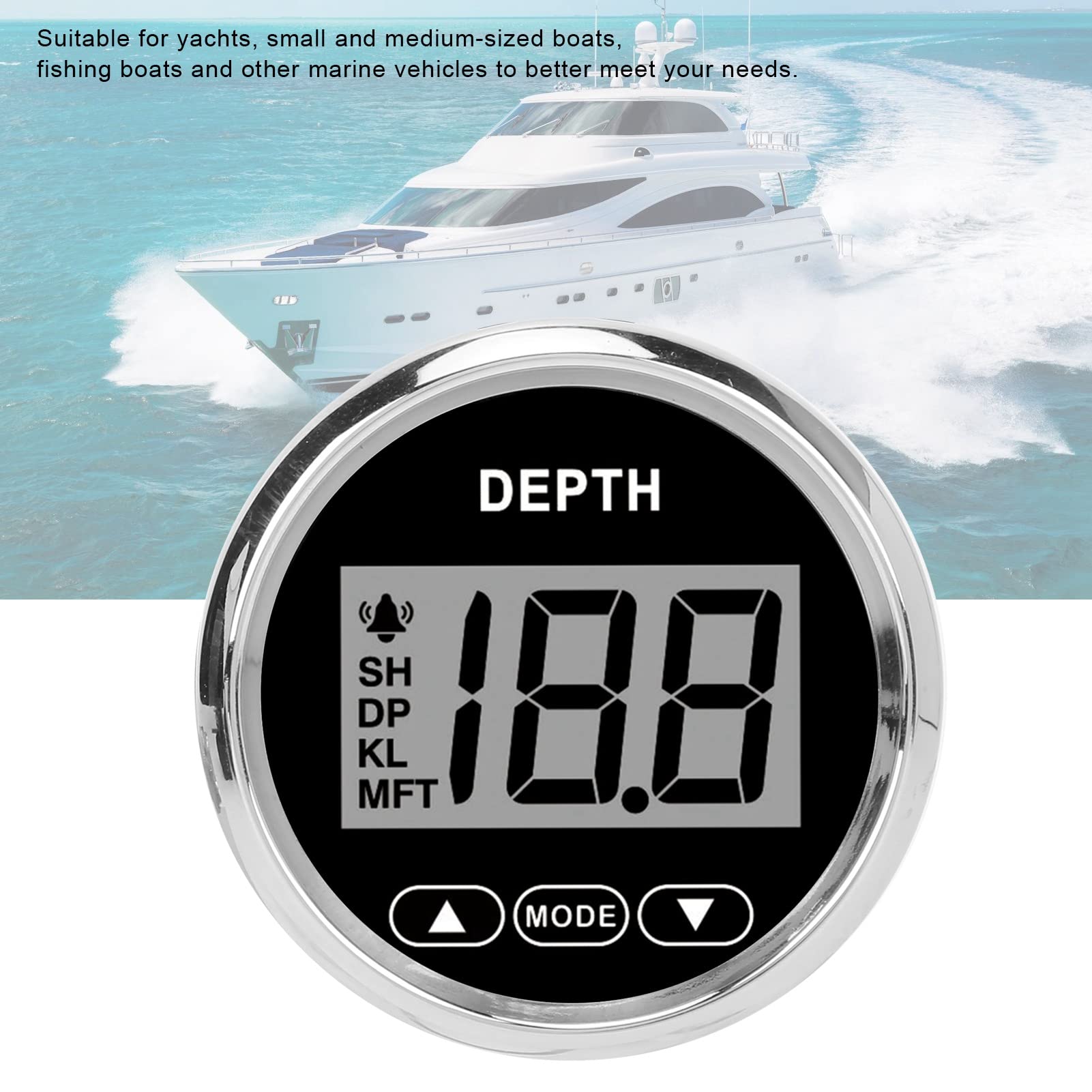 Digitales Boot Tiefenmesser Depth Gauge 52mm 2 Zoll Marine Tiefenmesser Wasserdicht Dash Depth Finder Transducer mit Weißer Hintergrundbeleuchtung für Angeln