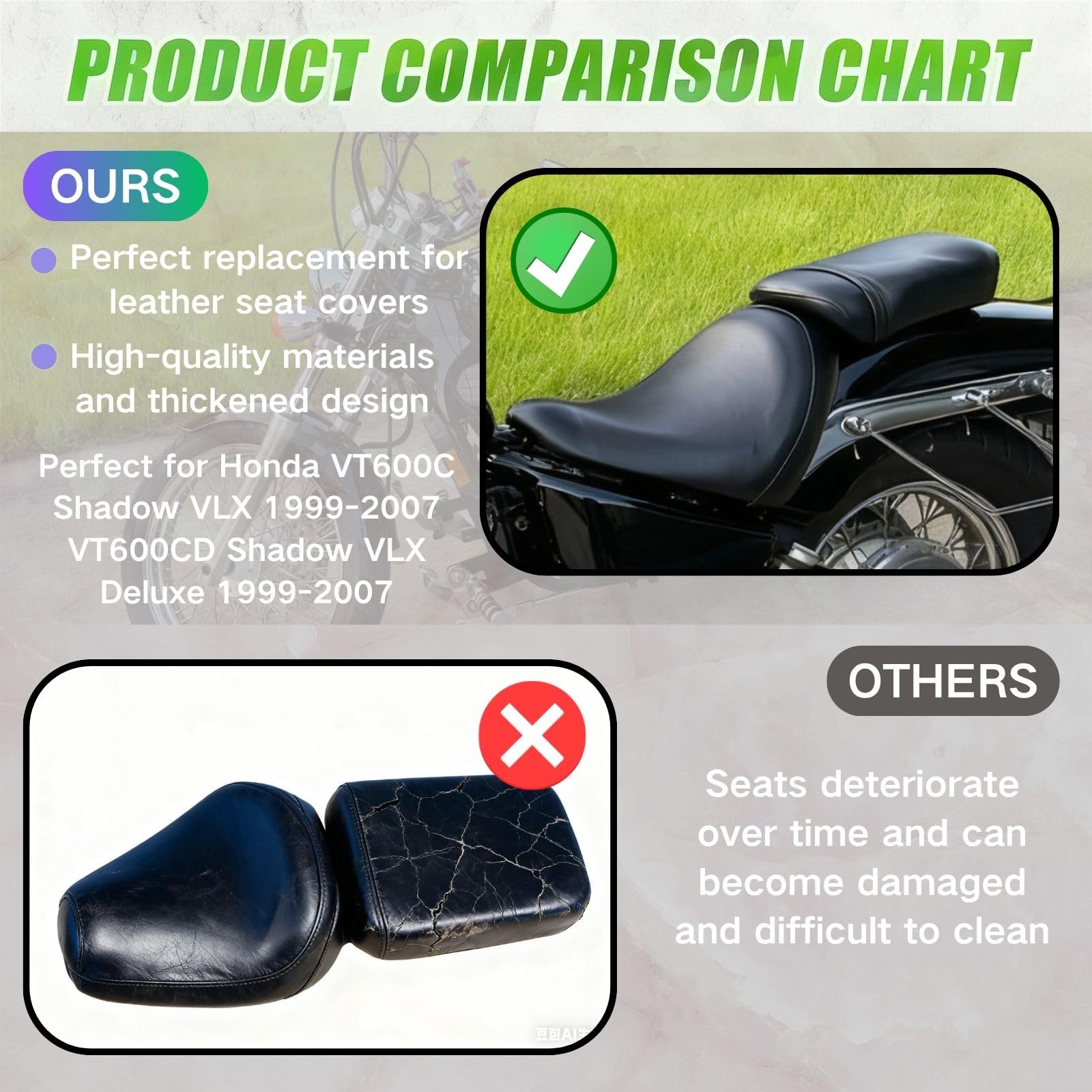 Coprisedile completo avvolgente per Honda VT 600 VT600 C/CD Shadow VLX Deluxe 1988 – 2008 / Pelle Premium / Impermeabile / antimacchia (nero)