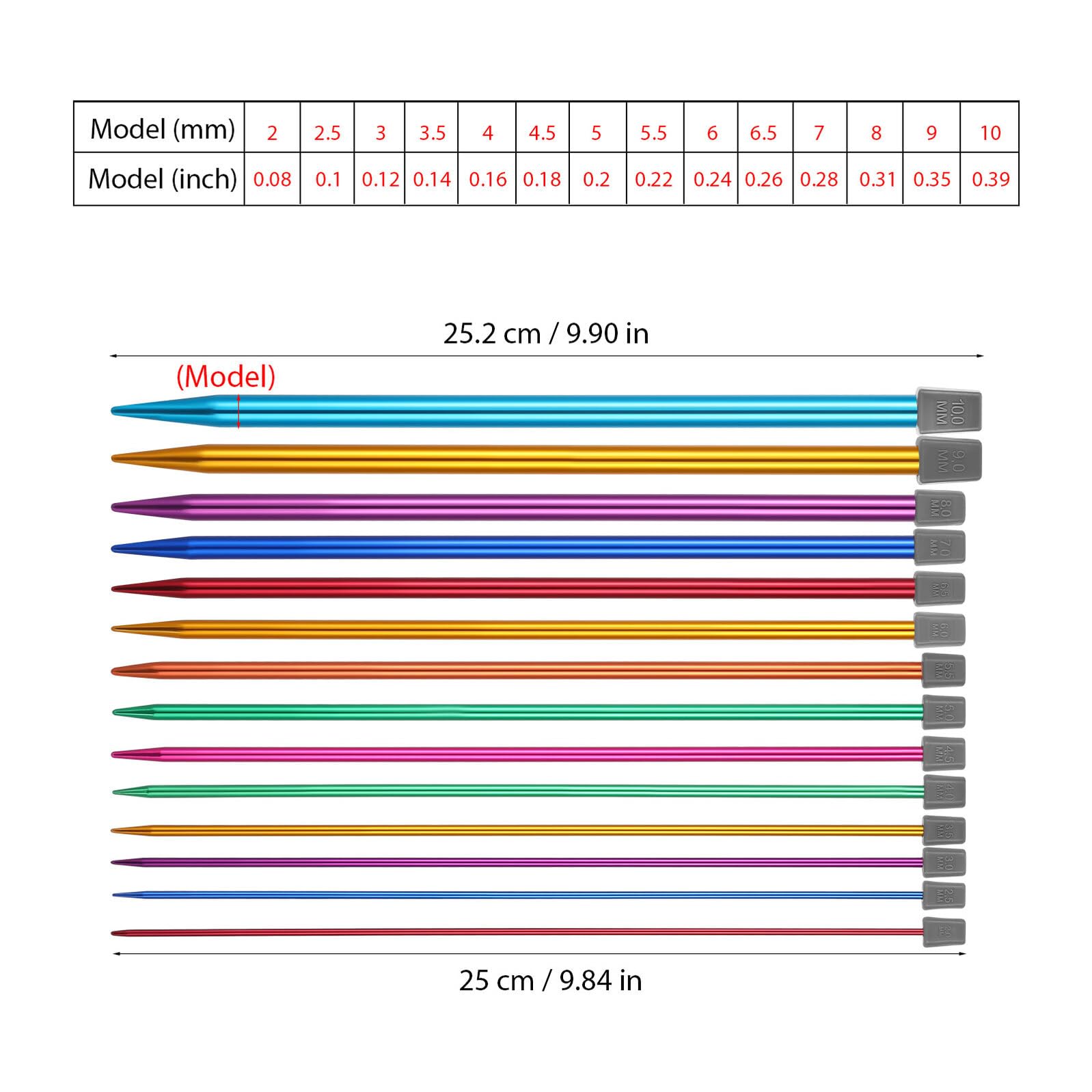 EPIGEIST Juego de Agujas de Tejer Rectas de Aluminio Colorido, 14 Pares, 25 Cm, Puntas Únicas, Herramientas de Tejido para Bricolaje, Manualidades y Principiantes, Aptas Proyectos Variados