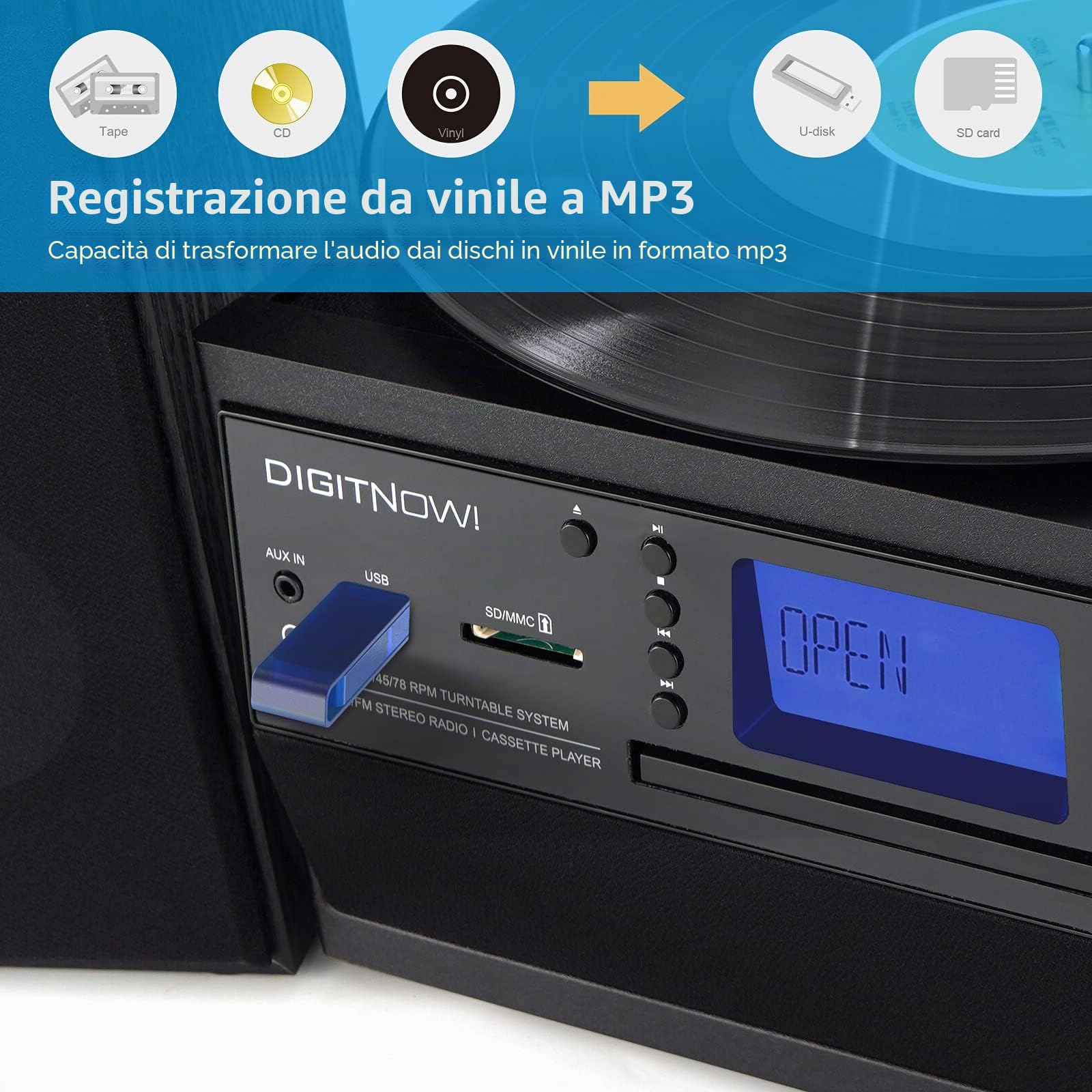 Giradischi Bluetooth DigitNow per CD Cassette Radio AM/FM con Altoparlanti Stereo