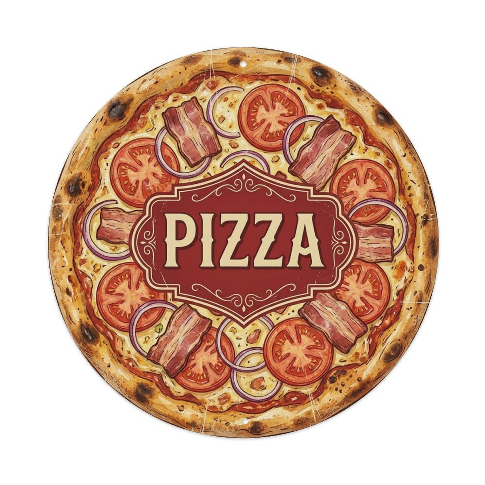 Yrnq 8X8inch Vintage Style Vintage Pizza Bacon Tomato Onion Food Decoration Metal Tin Sign