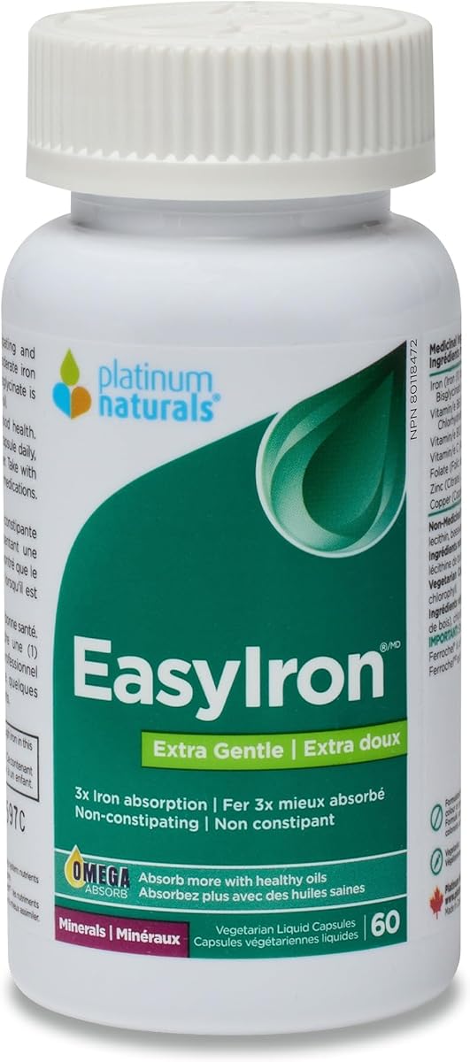 Platinum Naturals Platinum Naturals EasyIron Extra Gentle Capsules, 60 Vegetarian Liquid Caps - Enhanced Red Blood Cell Formation, Non-Constipating - Iron Bisglycinate with B6 & B12 Vitamins, Ideal for Men & Women