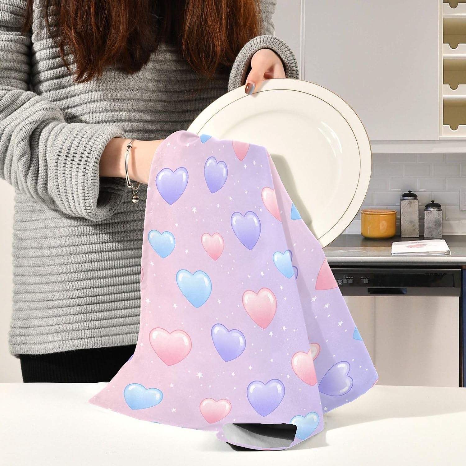 Valentine's Day Heart Kitchen Towels Set of 6, Soft Absorbent Quick Drying and Reusable Dish Towels for Kitchen, Bathroom and Home Decor, 18 x 28 in