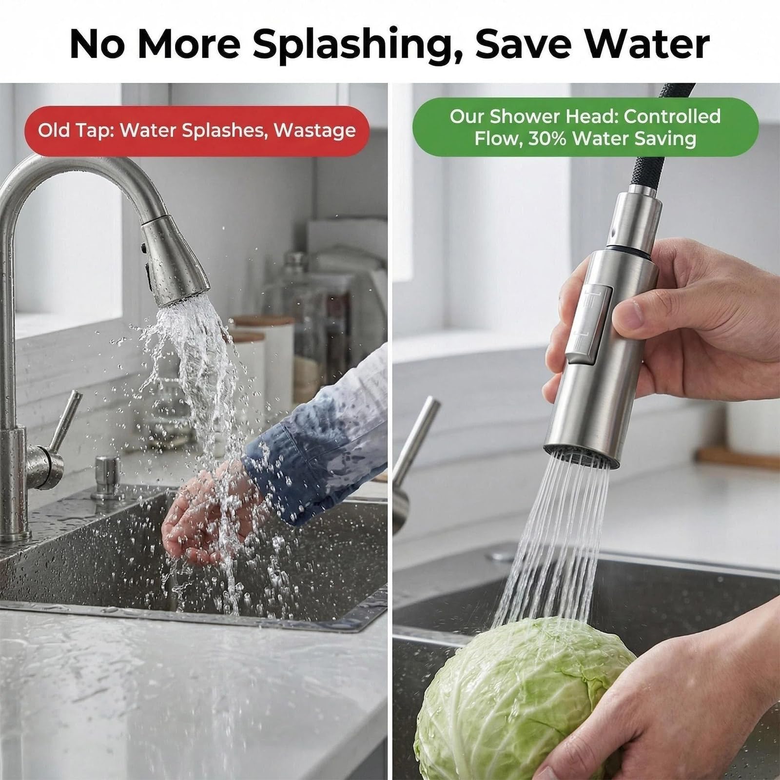 Cabezal de Grifo de Cocina Extraible G1/2, Alcachofa y Aireador con Modo Chorro y Ducha, Función Ahorro de Agua Antissalpicaduras Compatible con Instalación Estándar