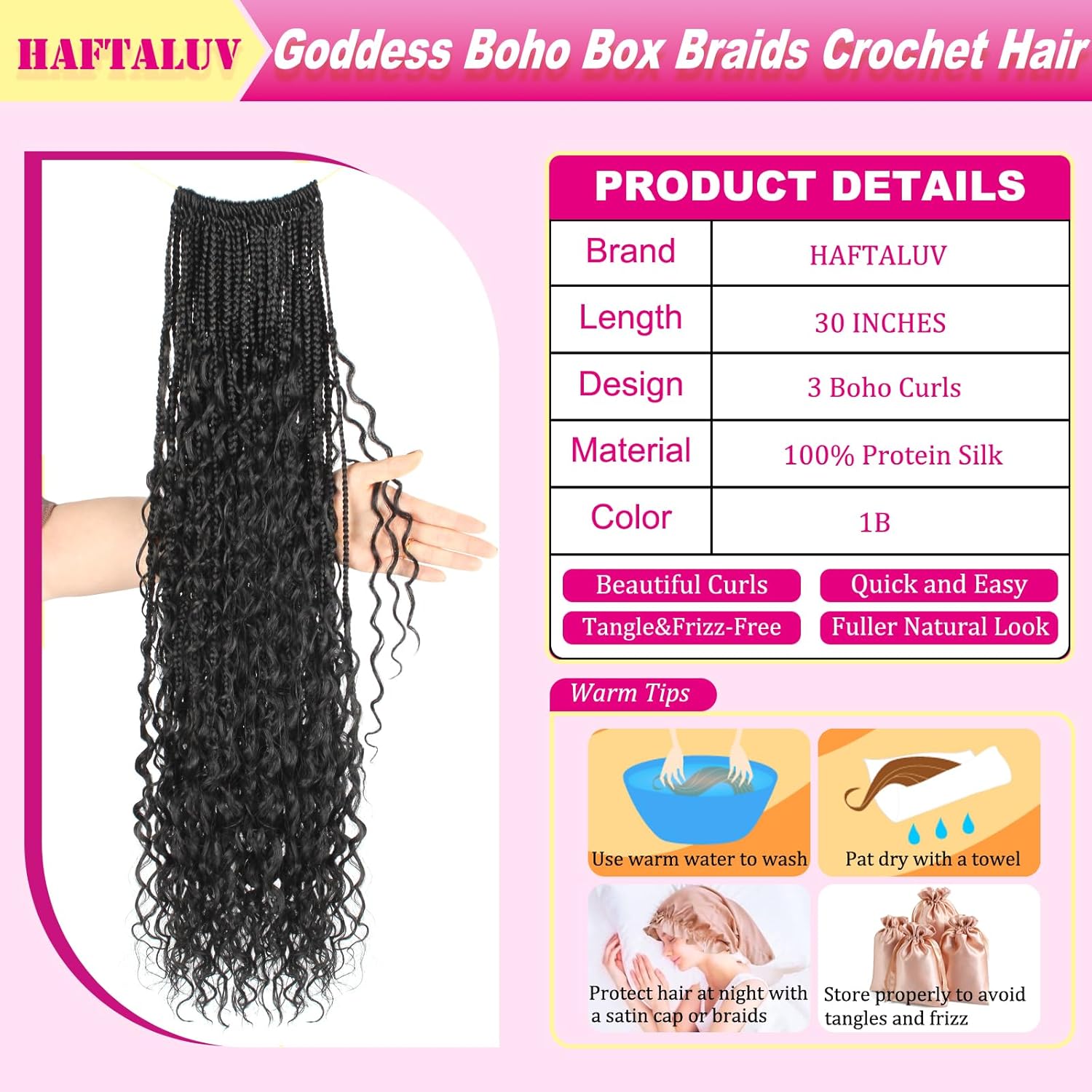 Boho Crochet Braids Pure Protein Fiber Close to Human Hair 30 Inch 3 Curls Bohemian Goddess Box Braids Crochet Hair For Black Women 8 Packs Pre-Looped Natural Look Hair Extensions (30Inch 1B)