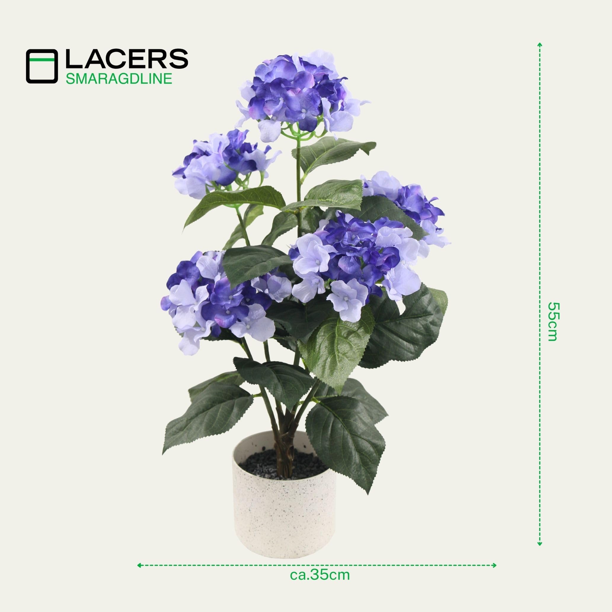 Lacers SMARAGDLINE künstliches Hortensien 2er Set blau - 55cm künstliche Pflanzen dekorative kunstpflanze im Topf lebendige Farben wie echt wirkende Blätter & Blüten Hortensienbusch für zuhause & Büro