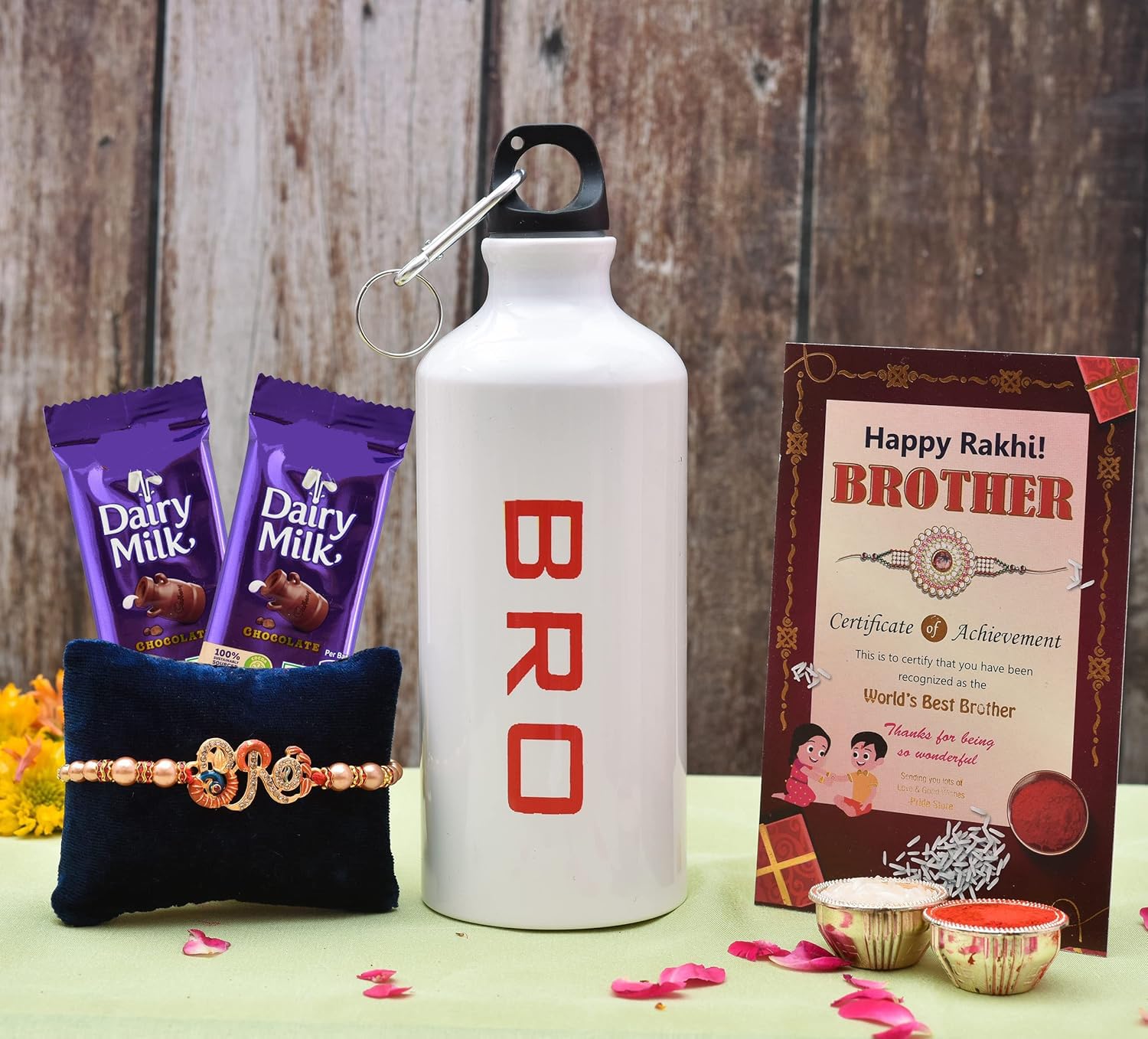 Pride Store Rakhi Gift for Brother With Cadbury Chocolates Combo- 2 Delicious Dairy Milk Chocolates | Stylish "BRO" Sipper| Designer Bro Rakhi | Achievement Certificate| Rakhi Gift for Brother-image-4